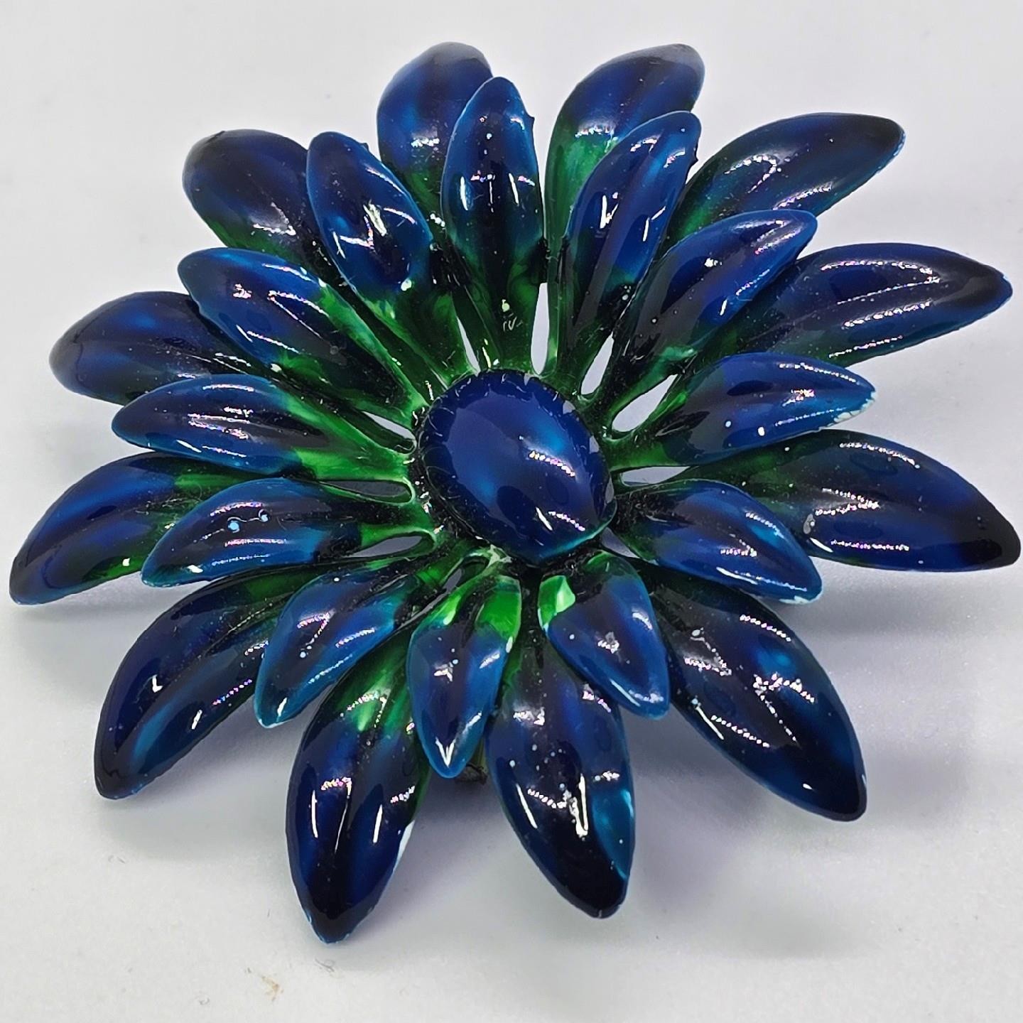 Vintage Large Blue Green Enamel Flower Brooch Pin Mid Century Atomic Daisy