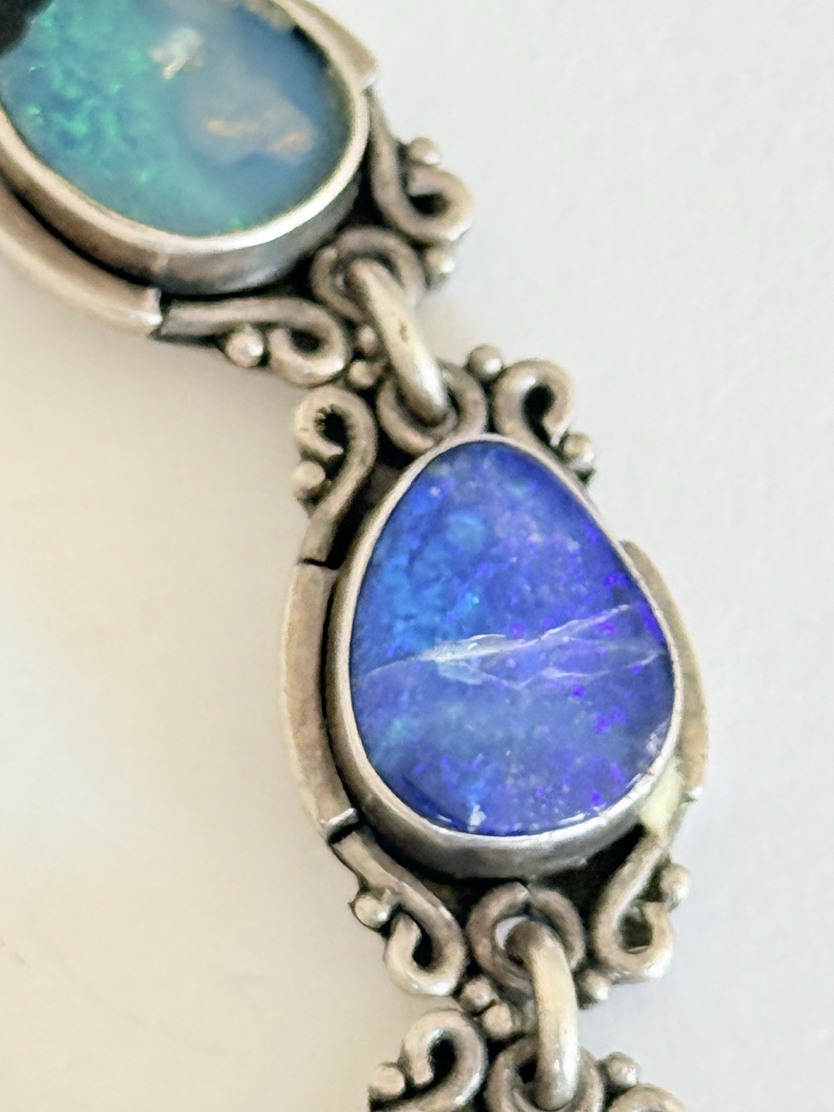 Vintage Sterling Silver Blue Australian Opal Link Bracelet 7”