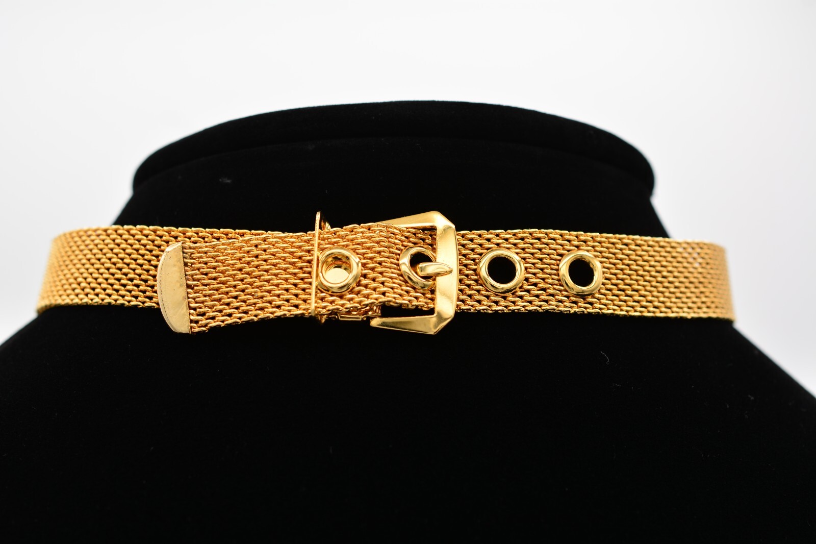 Vintage Choker Necklace Mesh Chain Belt Buckle Collar Gold Chunky 1/2″ 90s AS IS