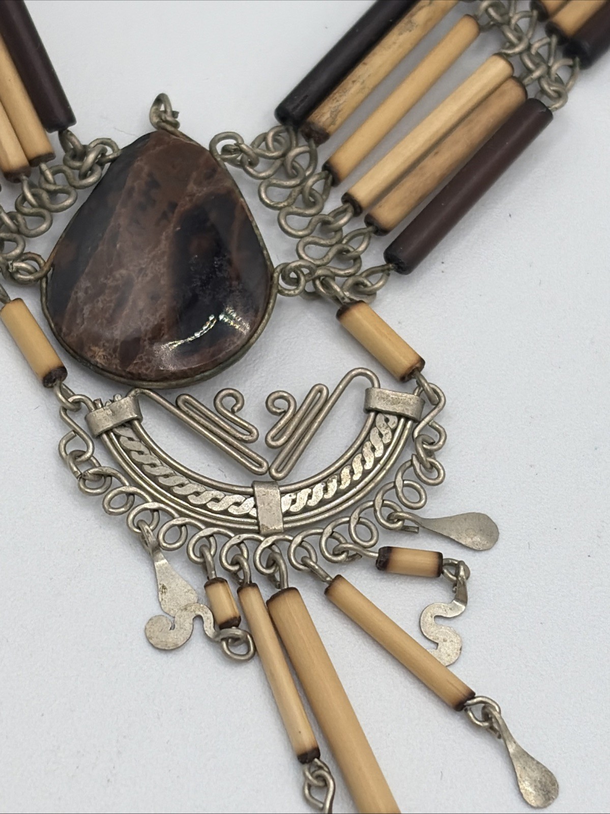 Vintage Handmade Choker necklace bamboo beaded black brown stone Snake Bail