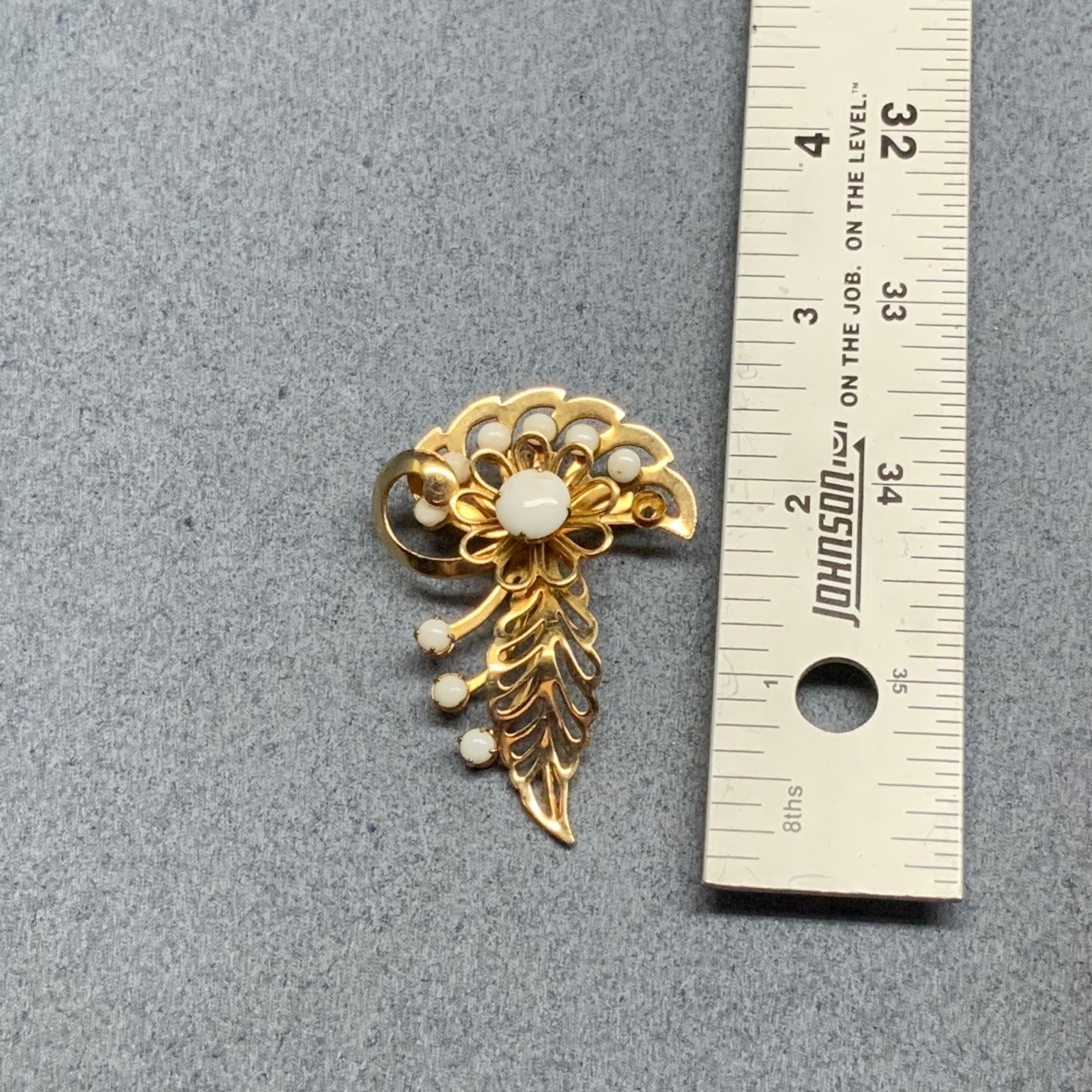 Vintage Abstract Floral Brooch Pin 3 In As Gold White Bead Retro Flower Glam