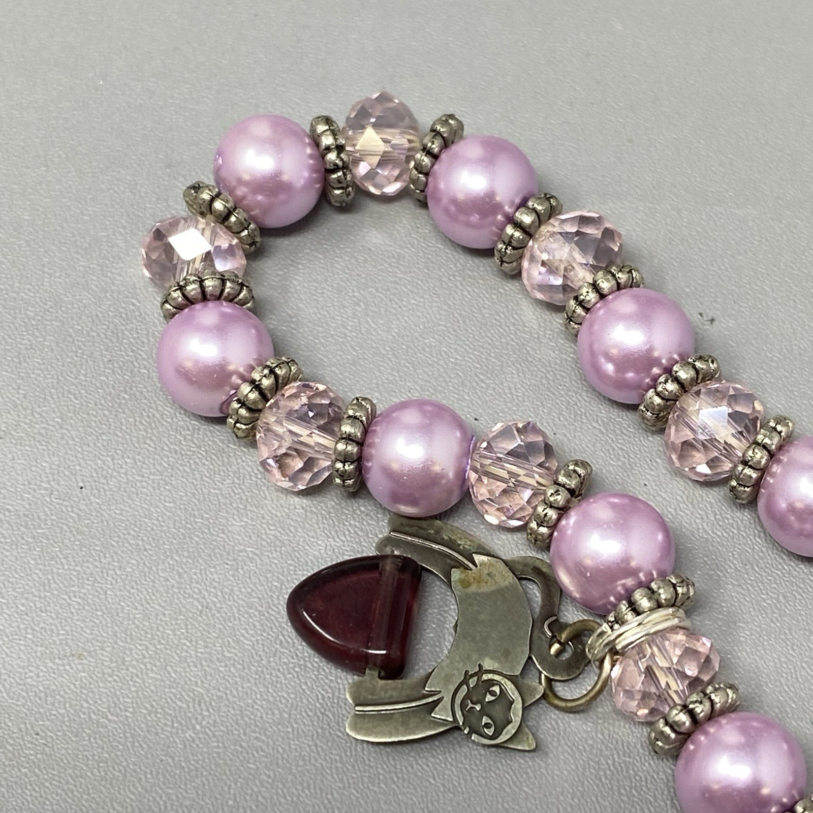 Purple Glass Bead Bracelet Sterling Silver Cat Dangle Charm Faceted Stretch 6.75