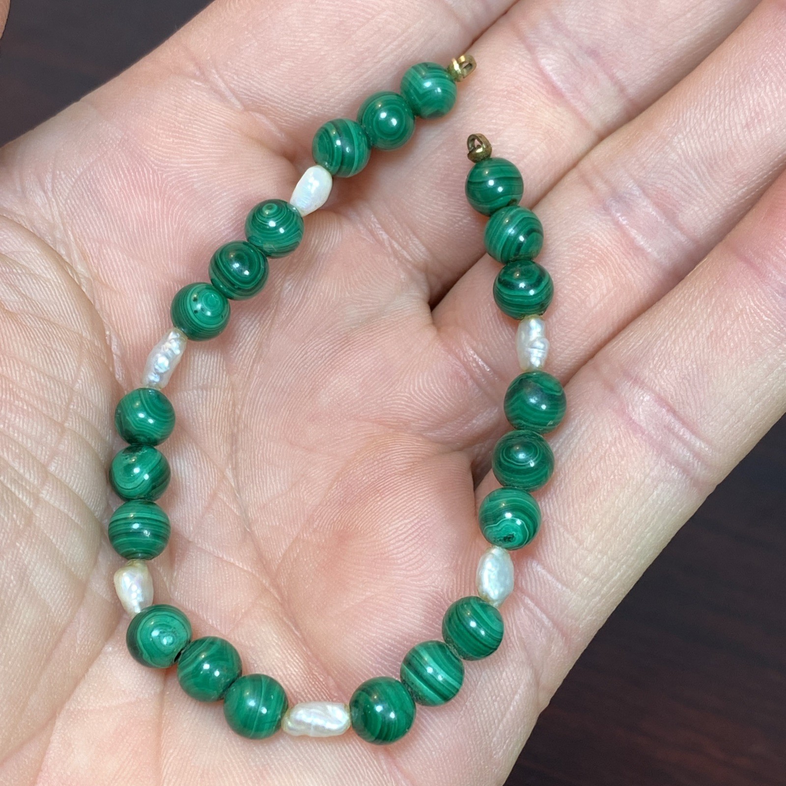 VTG Round Malachite Beads (No Clasp) Fresh Water Pearls Segment Bracelet 6-3/8”