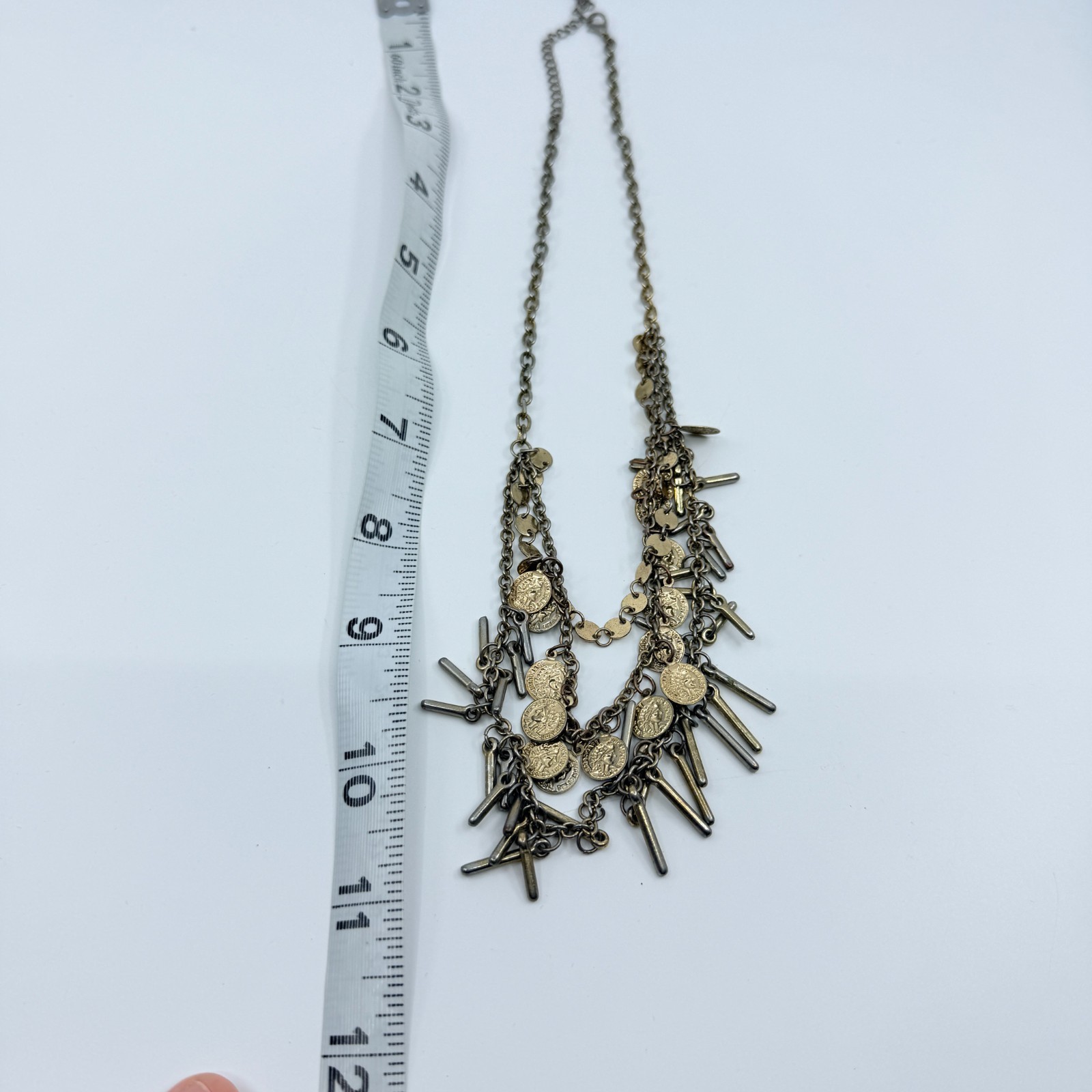 VTG Antique Gold Tone Multi Strand Coin Fringe Layered Statement BIB Necklace
