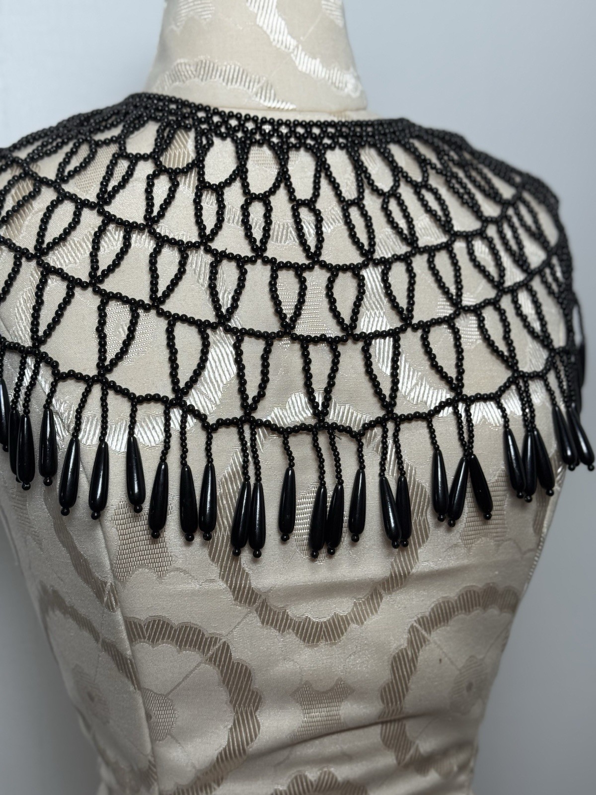Vintage Black Beaded Collar Necklace Fringe Bib Capelet Statement Festival