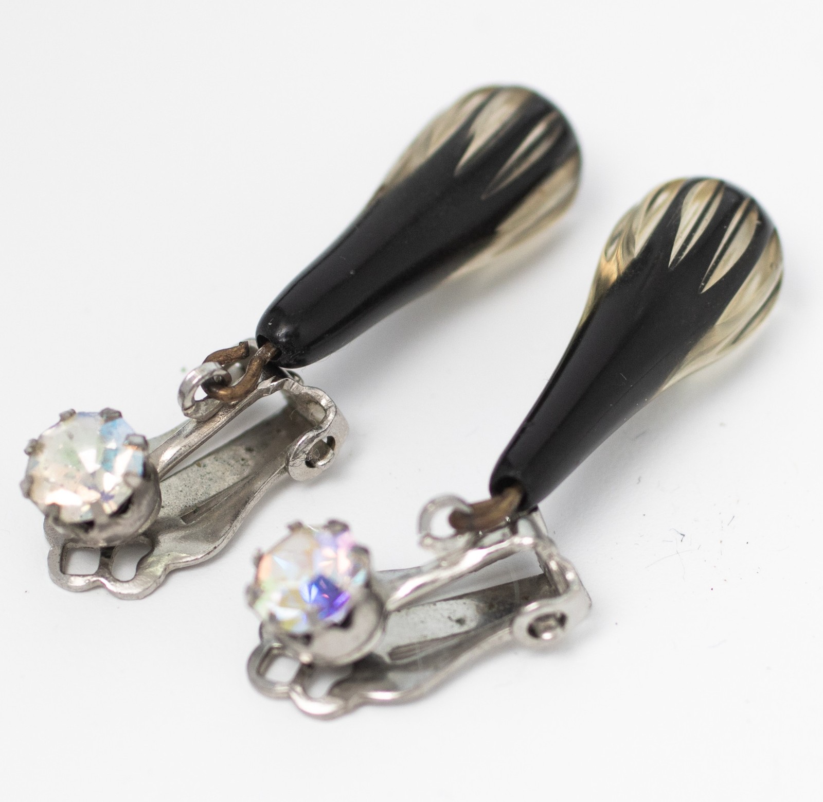 1950s Vintage Earrings Black Cased Glass Dangle Drop Aurora Borealis Rhinestone