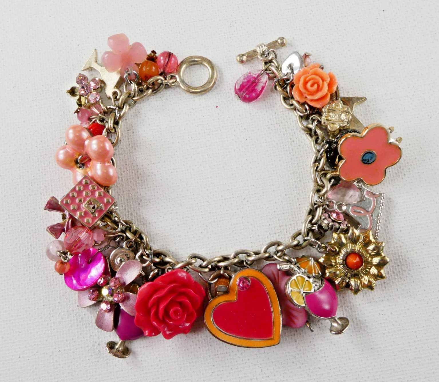 Vintage PINK Flower Charm Bracelet Floral Hearts Enamel Rhinestones Toggle Clasp