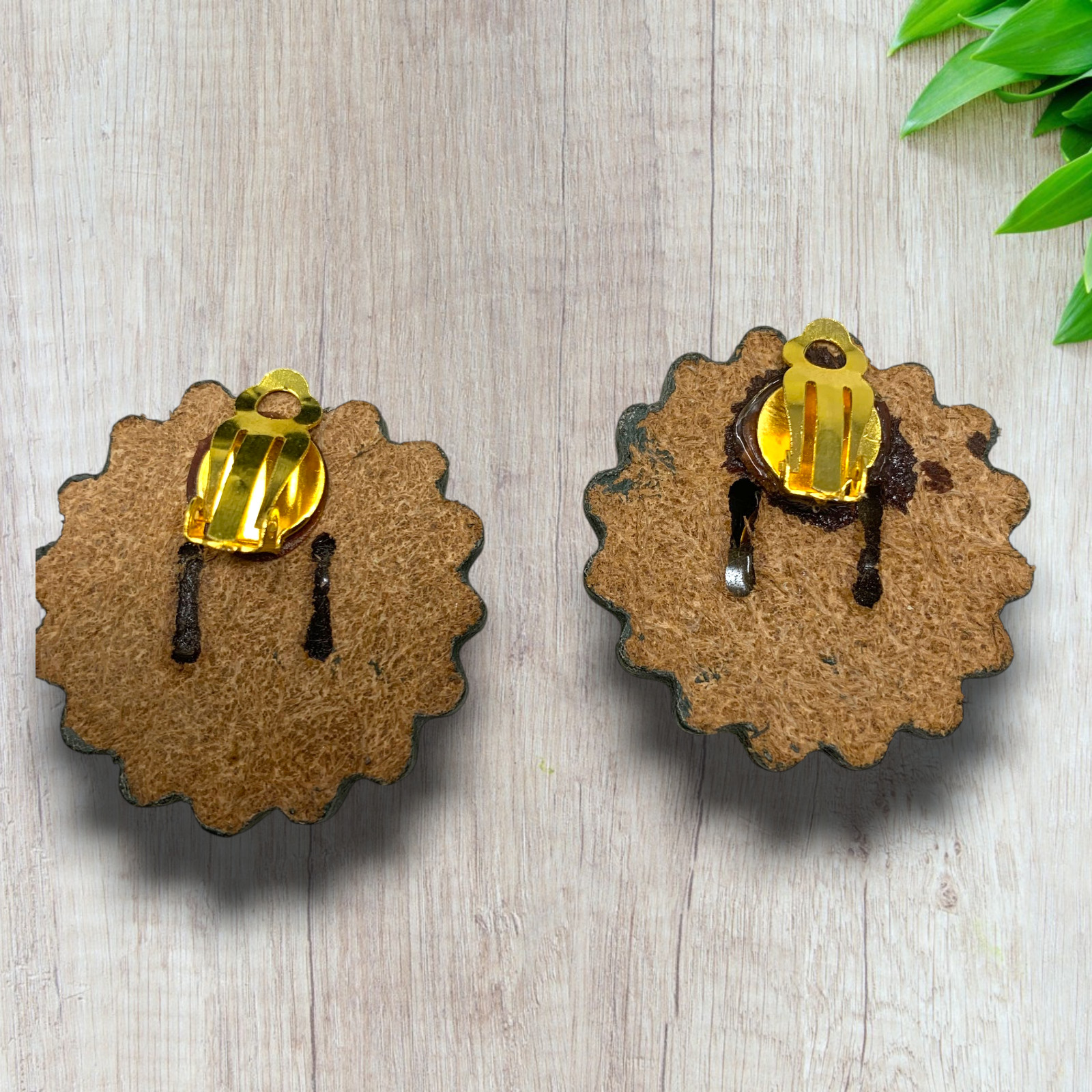 Vintage 1980’s Gold Domed Byzantine Green Cork Earrings Clip On Bohemian Morocco