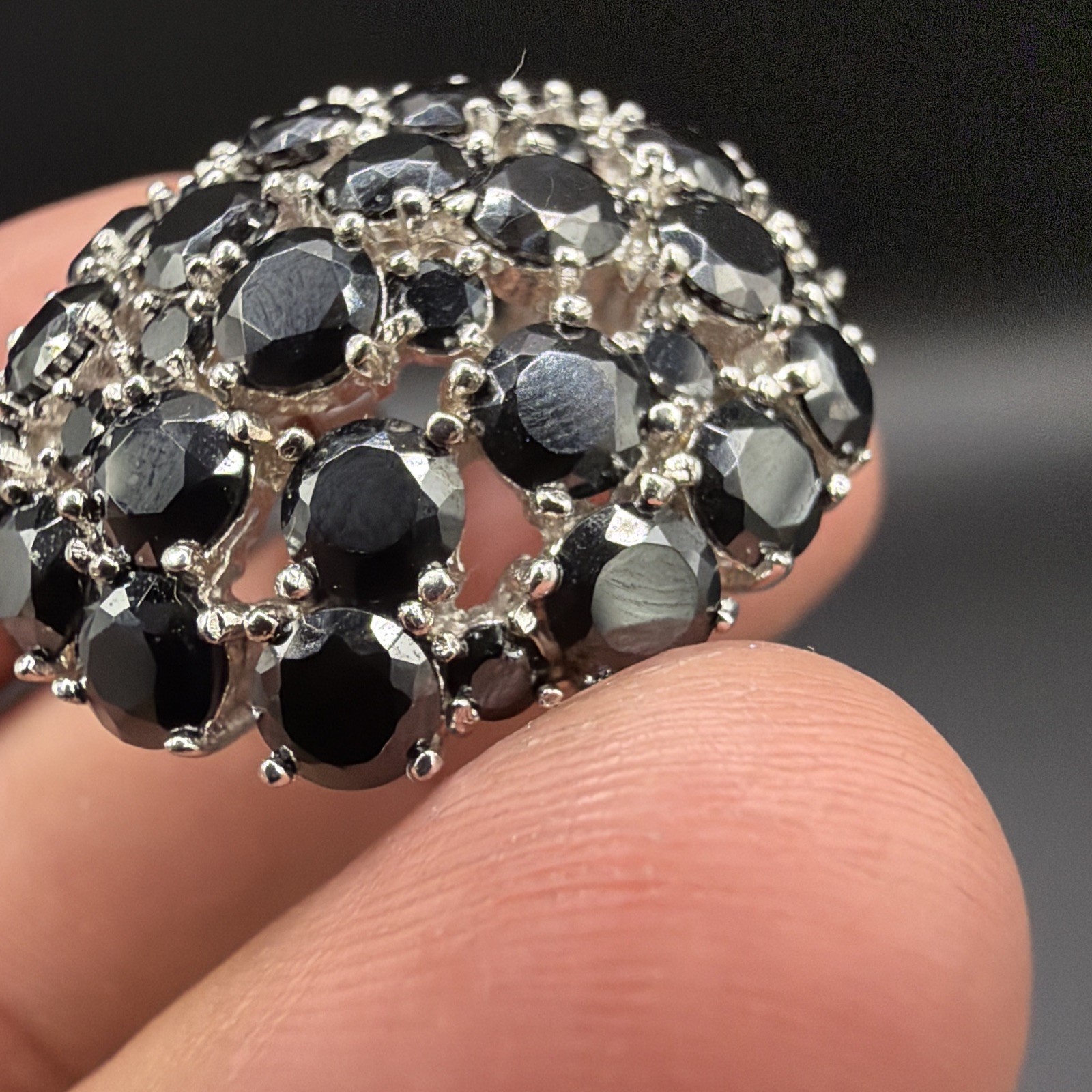 Vintage Warner Black Faceted Rhinestone Cluster Round Domed Brooch Gold Tone