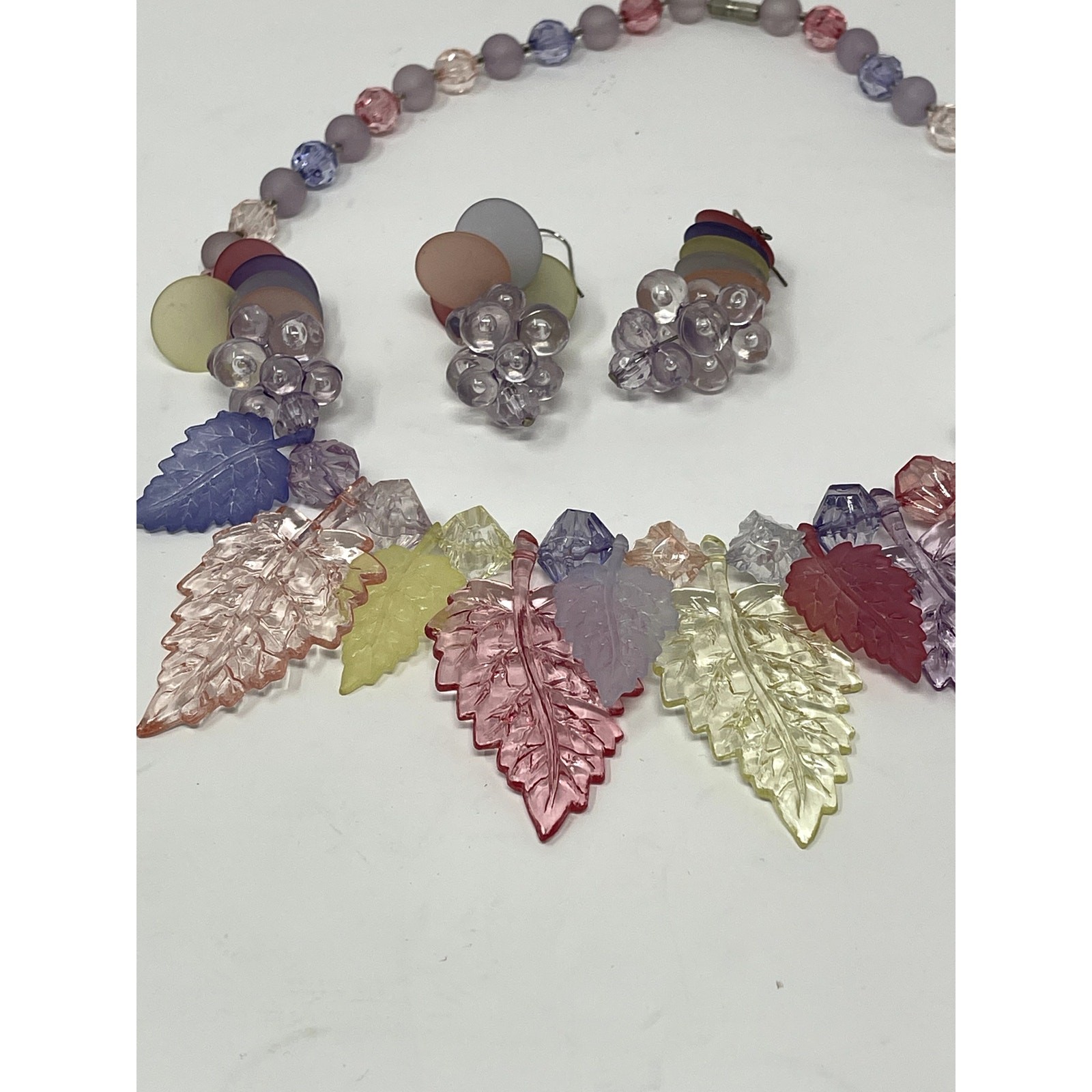 1980s Vintage Acrylic Crystal Colorful Leaf & Fruit Necklace & Earrings Suite