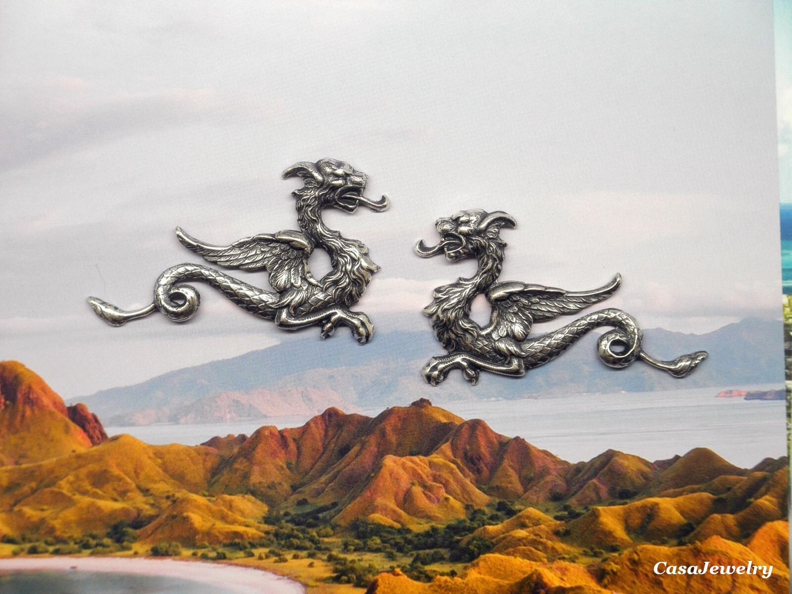 #1803 ANTIQUED STERLING SILVER PLATED MYTHICAL WINGED DRAGONS-L+R – 2 Pcs(1 PR)
