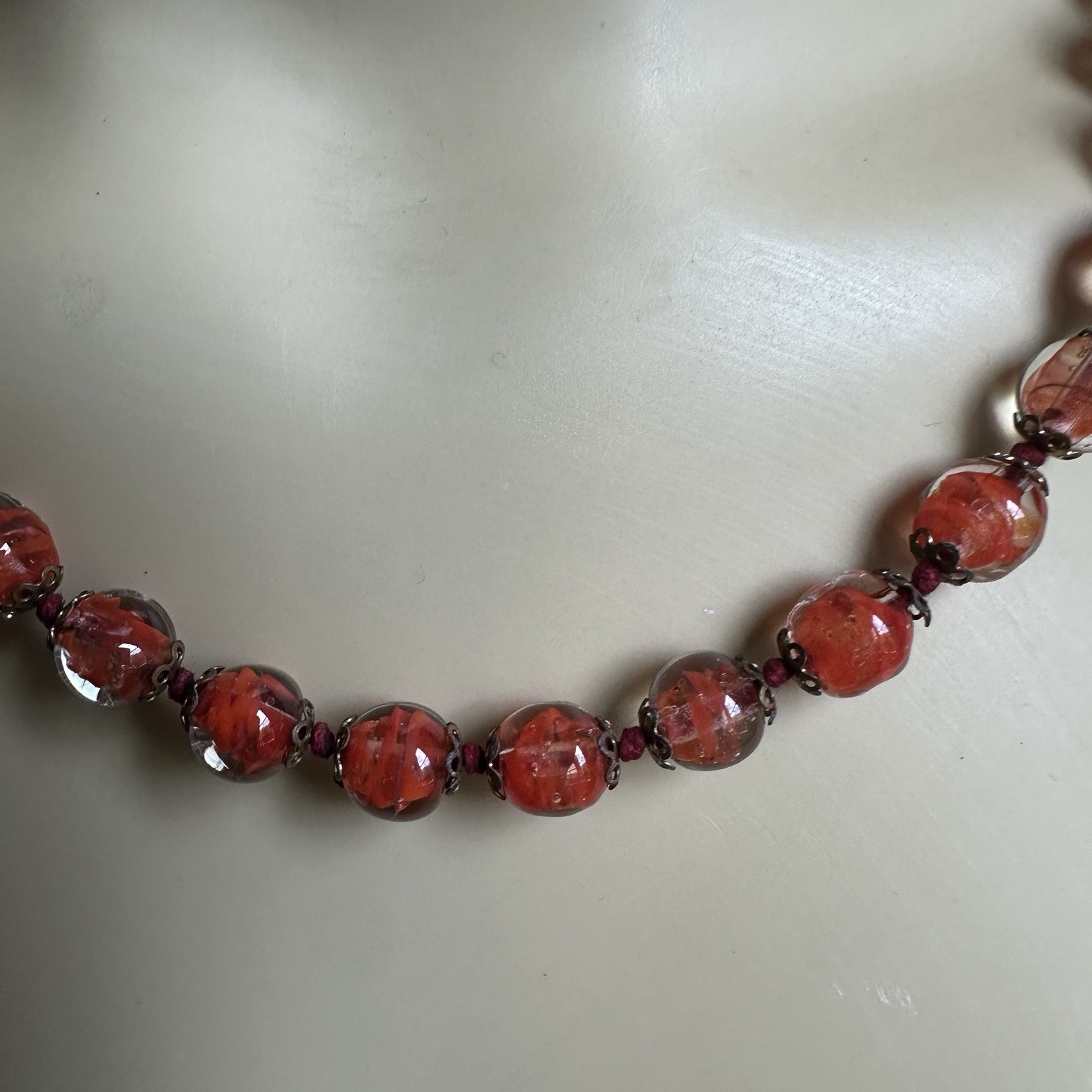 Vintage Beaded Necklace 17.5 in Venetian Murano Art Glass Cased Red Orange Gold