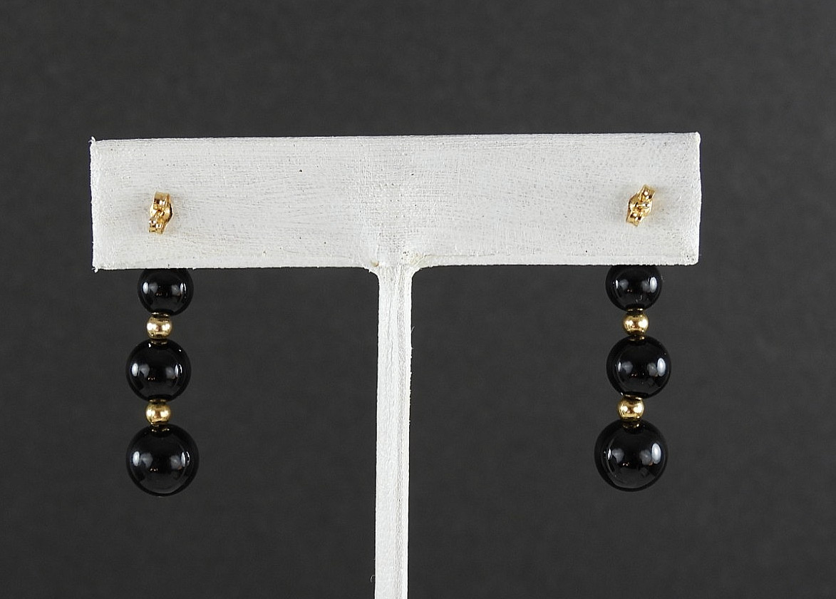 Vintage Set Onyx Necklace No Clasp 14K Y Gold Earrings Beaded Hand Knotted Lot