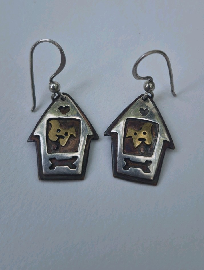 Vintage Estate Sterling Silver / Copper Dog Doghouse Dangle Earrings 925 Signed