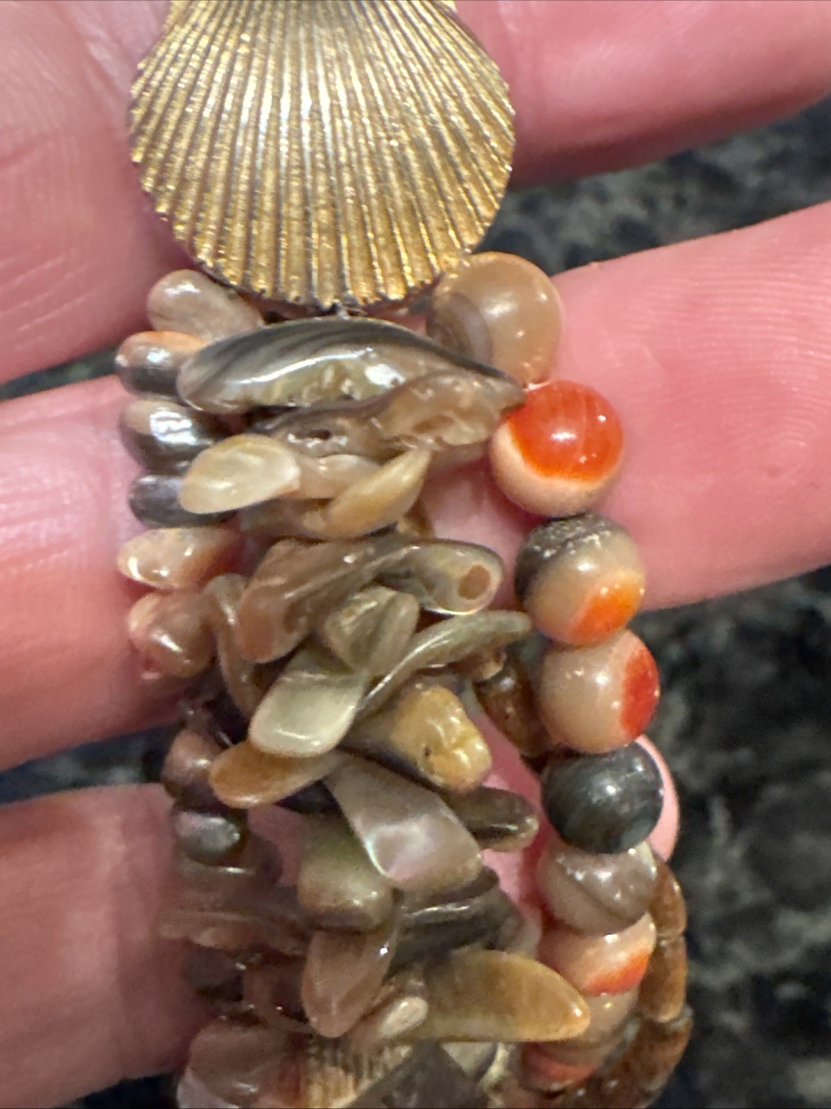 Vtg HELGA WAGNER 4 Strand Polished Shell Fall Bronze Gold Seashell 17″ Necklace