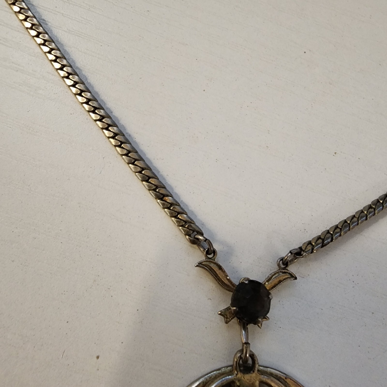 Vintage Silver Tone With Large Faux Diamond Black Rhinestones Necklace 2 Circles