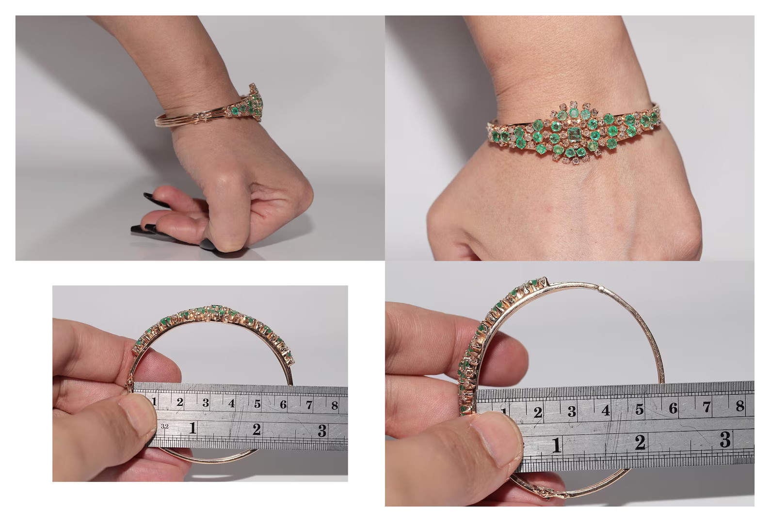 Antique Circa 1900s 14k Gold Natural Rose Cut Diamond And Emerald Bracelet