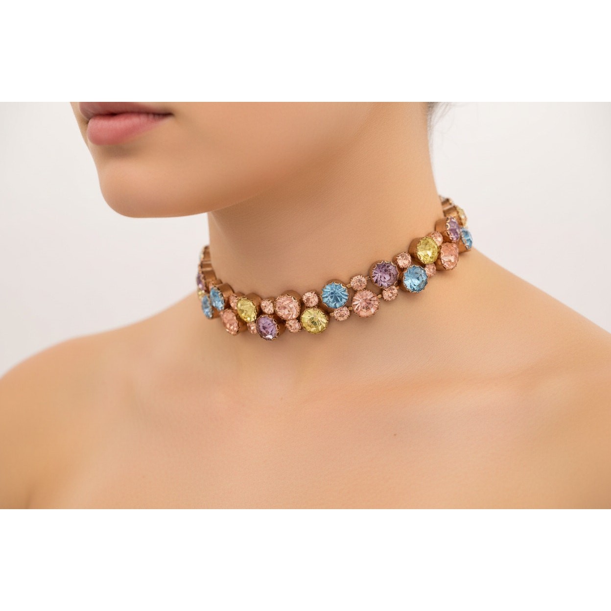 Vintage Crystal Choker Necklace Pastel Multi-Color Rhinestone Brulee 1950s BinT