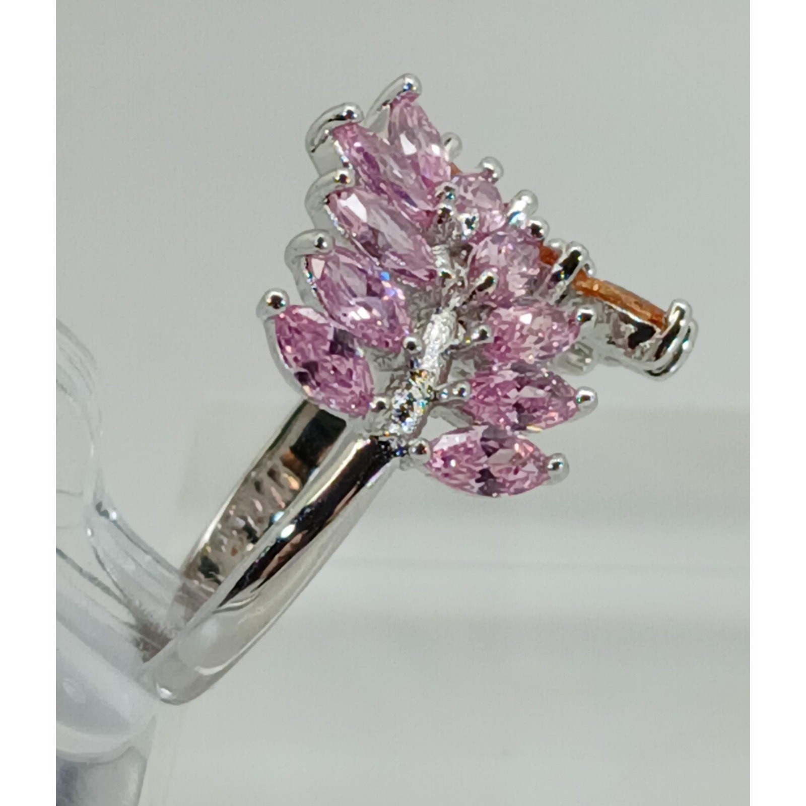 Vintage Ring Size 9.5 Silver Tone White Gold GP Pink Champagne Amber CZ Spray