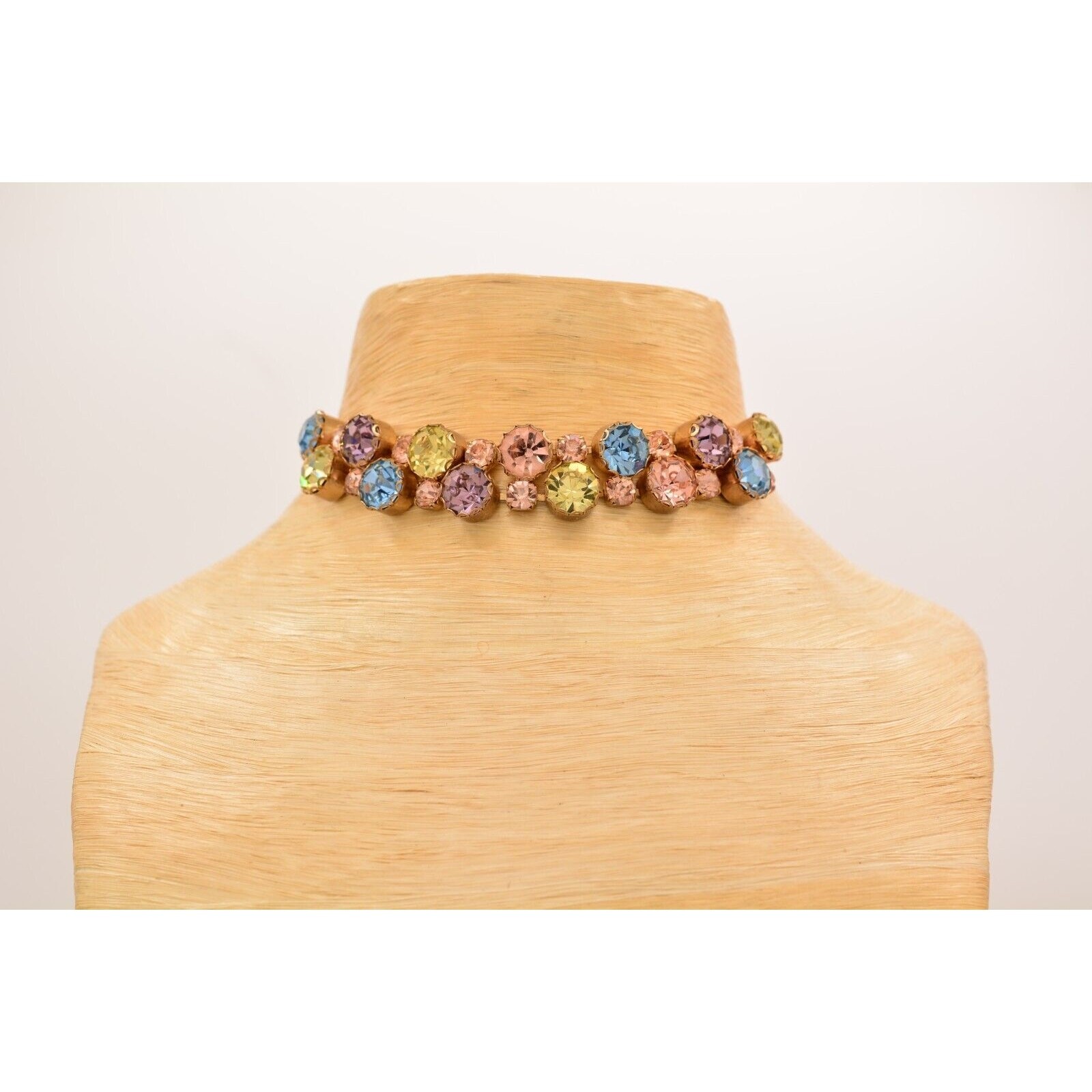 Vintage Crystal Choker Necklace Pastel Multi-Color Rhinestone Brulee 1950s BinT