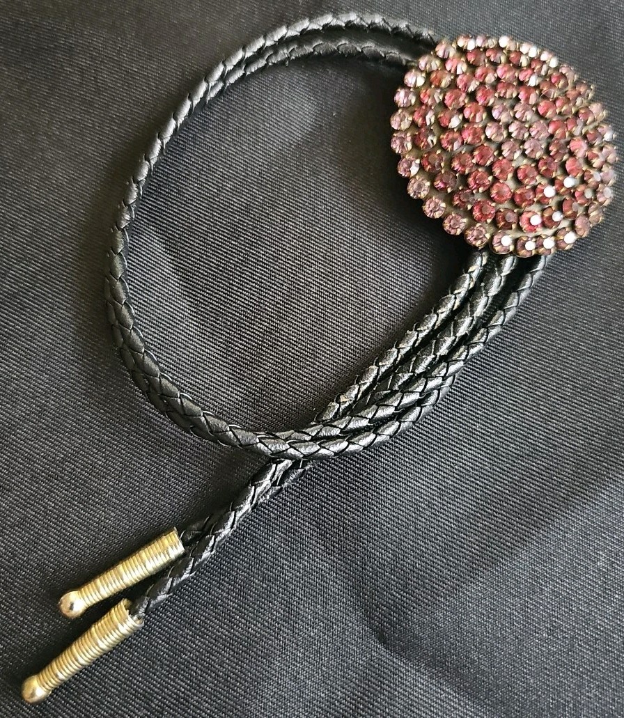 Vintage PINK Rhinestone Lariat Bolo Leather Necklace