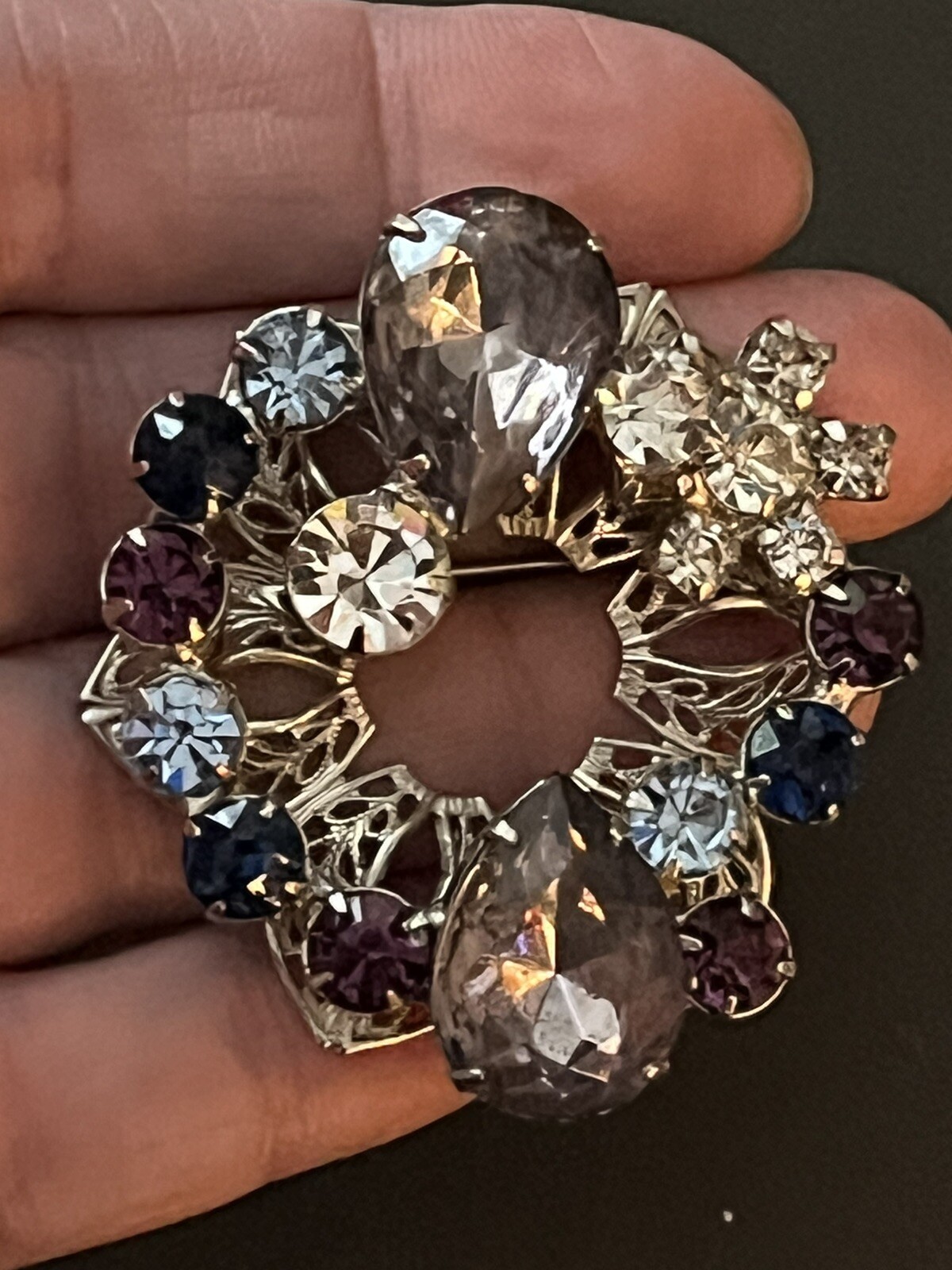 Vintage Blue Purple Rhinestone Silver Tone Prong Set Statement Brooch Pin