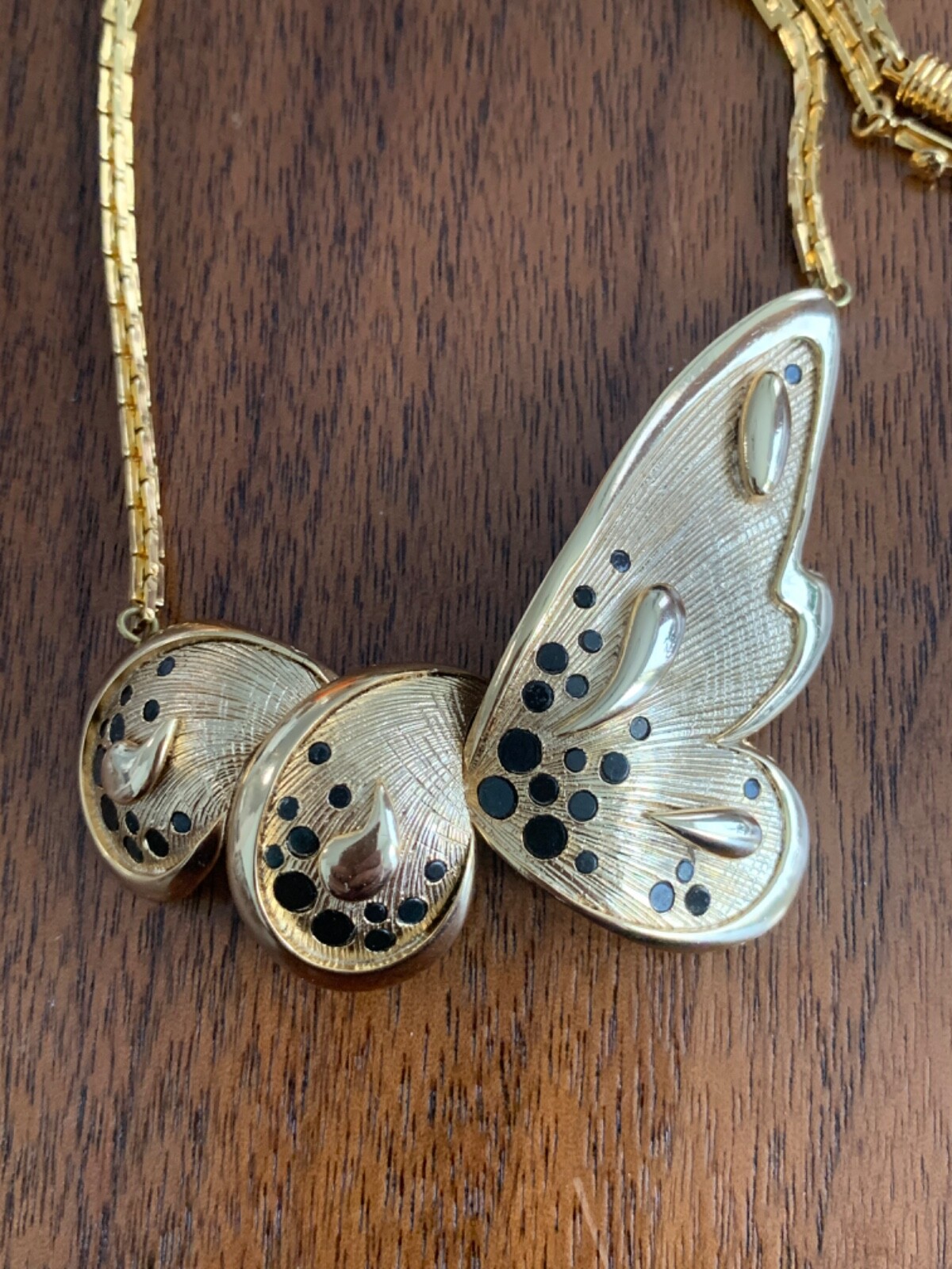 Vintage Orena Paris Gold Tone Black Enamel Necklace Butterfly Papillon