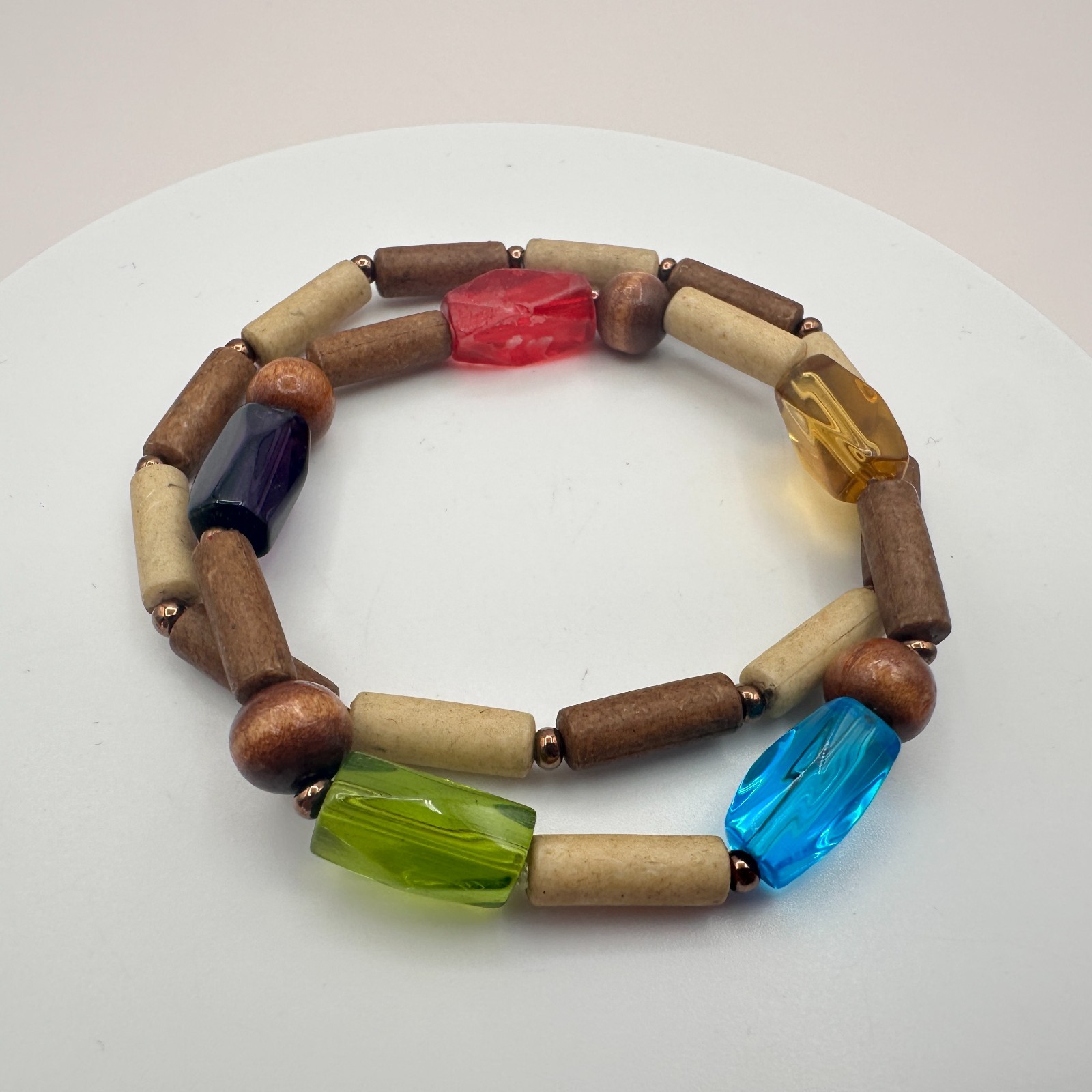 Vintage 90s Glass & Wood Bead Bracelets Set Boho Earthy Women’s Fashion Jewelry