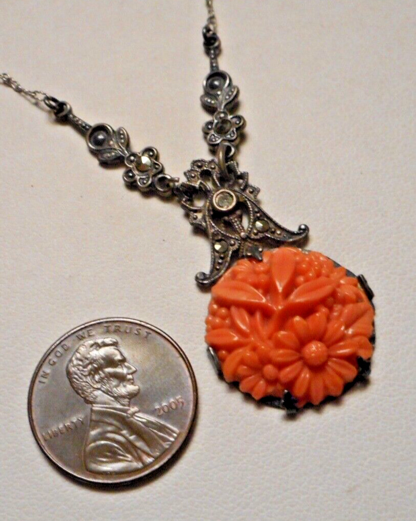 1920s Art Deco Czech? Faux Carved Coral Glass & Marcasite Pendant Necklace 16″