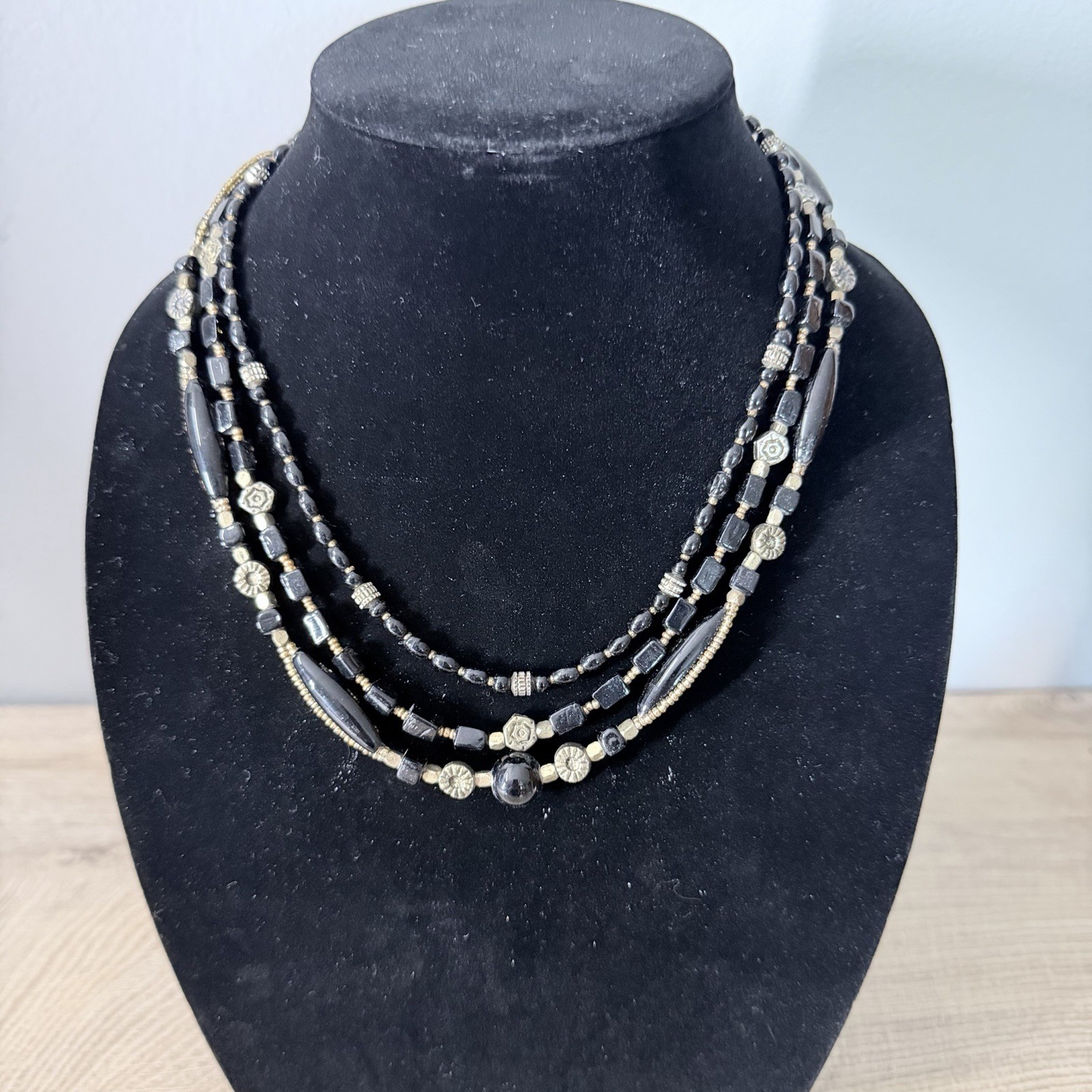 Black Gold Tone Layered Beaded Necklace Goth Boho Dark Academia Grunge Style
