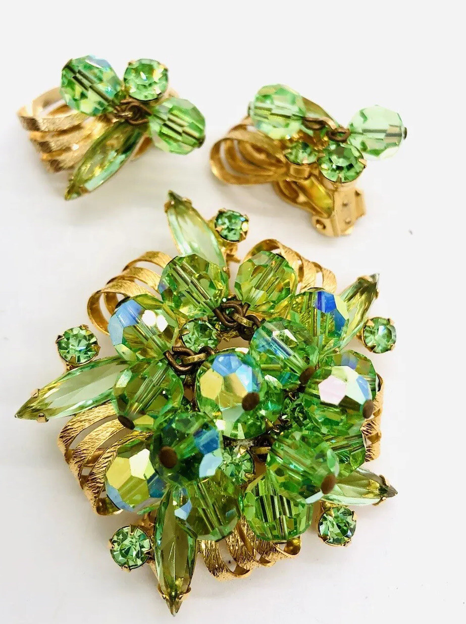 JULIANA Delizza Elster URANIUM GLASS Rhinestone Brooch Earrings Vintage Jewelry