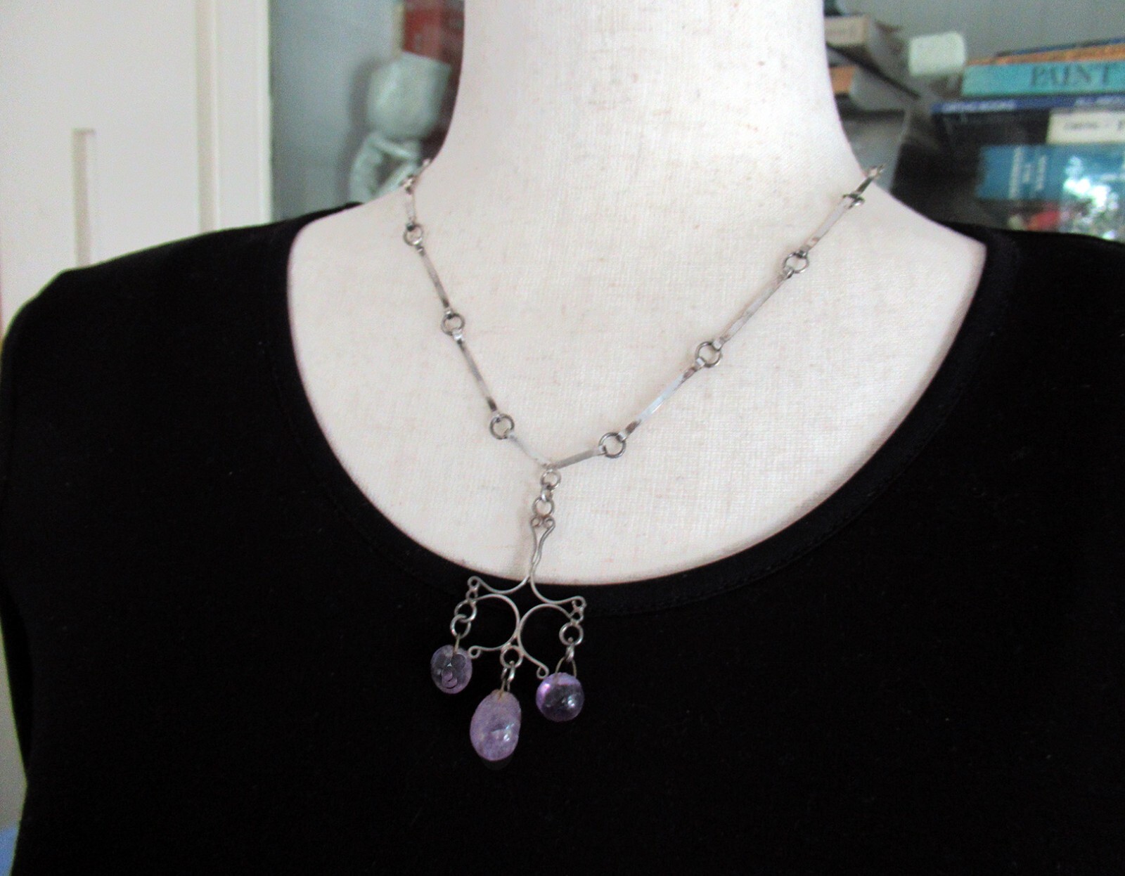 HANDMADE STERLING MODERNIST NECKLACE w AMETHYST, 2 3/8″ PENDANT, 18 INCHES