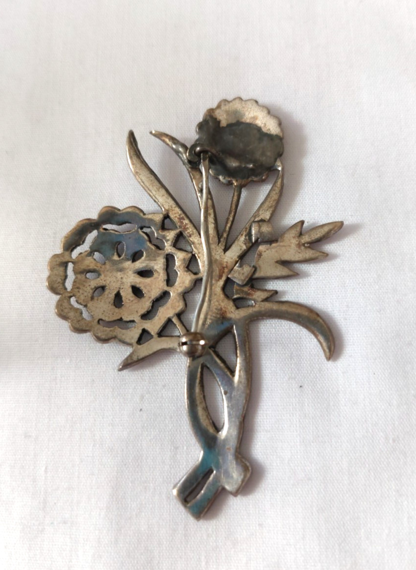 VTG Sterling Silver 925 Marcasite Sunflower Bouquet Large Ladies Pin Man Brooch