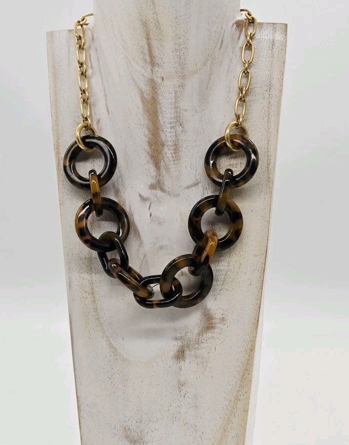 J.Crew Tortoise Shell Necklace Acrylic Chunky Chain Link Rings Gold tone 19 in