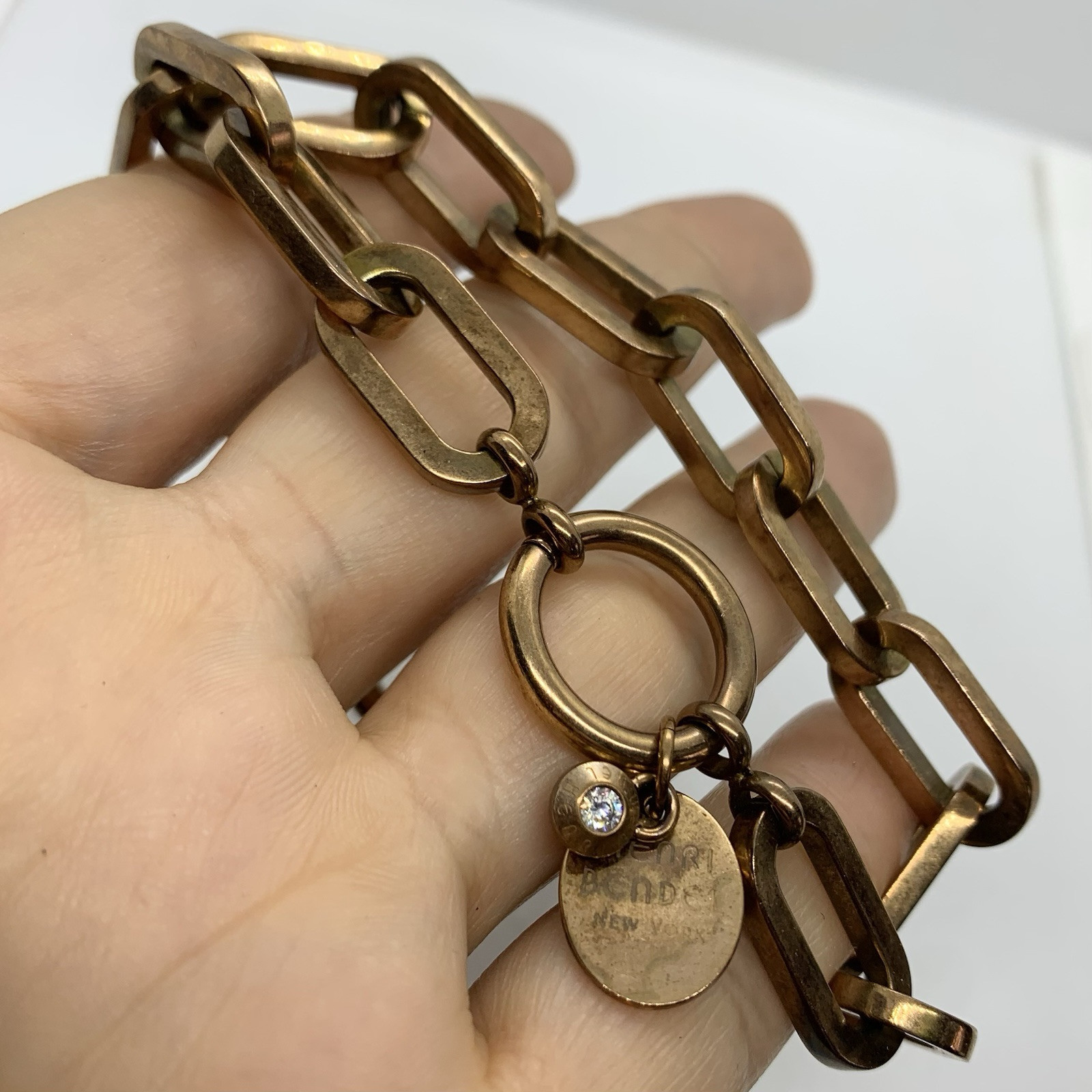 VTG HENRI BENDEL DESIGNER COPPERTONE BIG CHAIN LINK CHARM BRACELET 7.25” SIGNED