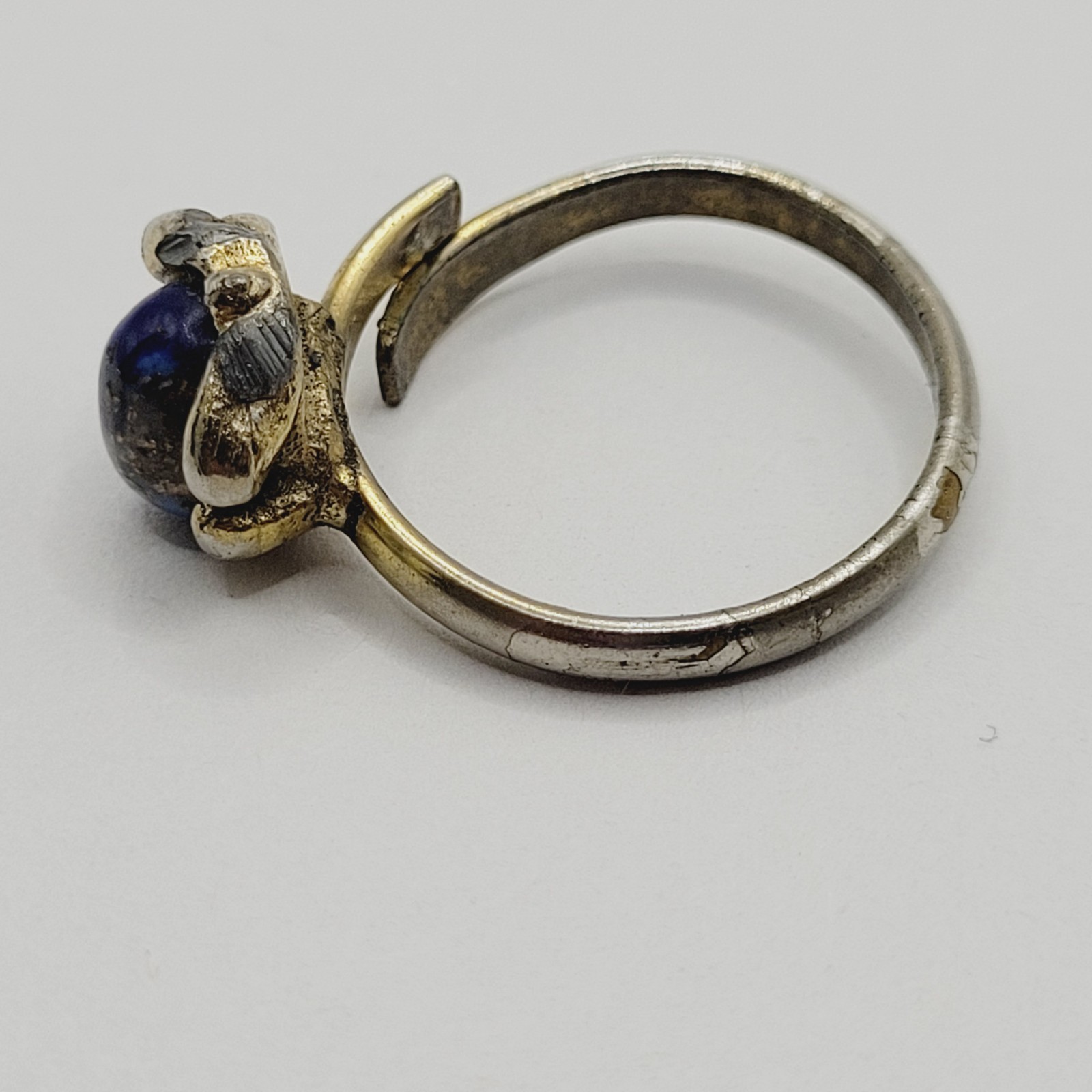Antique Lapis Lazuli Small Domed Stone w Specks Ring Adjustable Worn Distressed