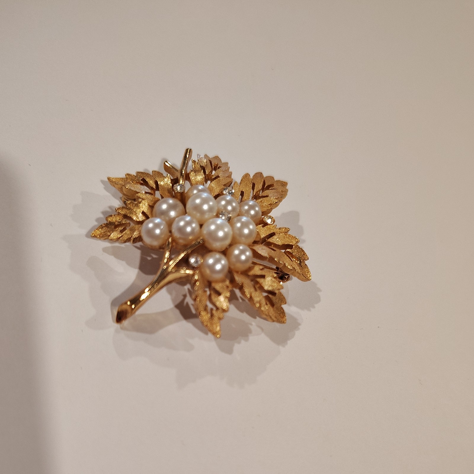 Vintage Crown Trifari Brooch, Gold-tone with Faux Pearls
