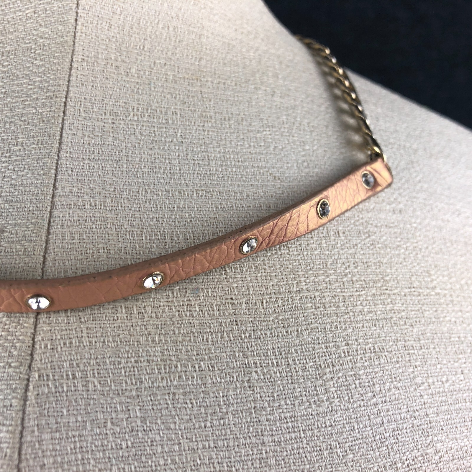 FANTASTIC Vintage Leather Rhinestone Chain Link Dog Collar 90s Rock Gothic 22″