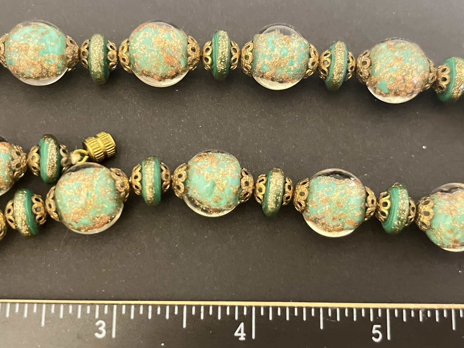 Vintage Murano Foil Glass Necklace Beaded Venetian Italy Estate Jewelry Green