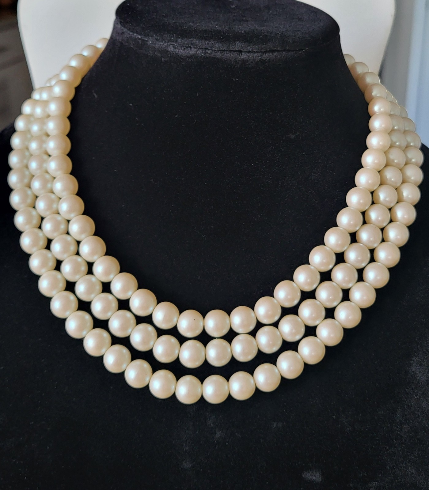 Vintage Givenchy 3-Strand Faux Pearl Necklace Gold Tone G-Logo Clasp 17.5in