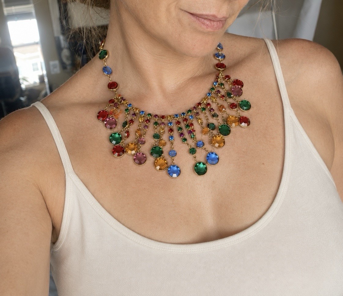 Vintage Signed Miriam Haskell Rainbow Glass Bib Necklace
