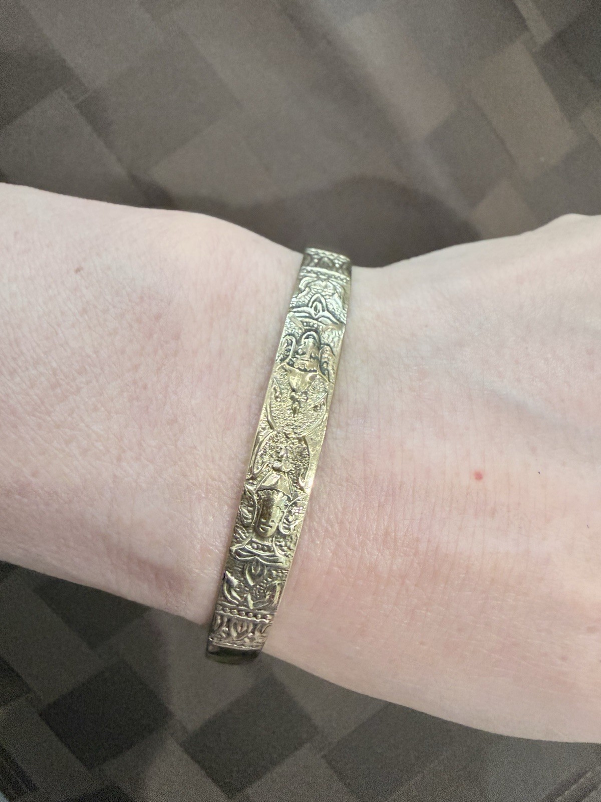 Vintage Brass Deity Torque Cuff Bangle – Hand-Engraved Bracelet, 7.25″