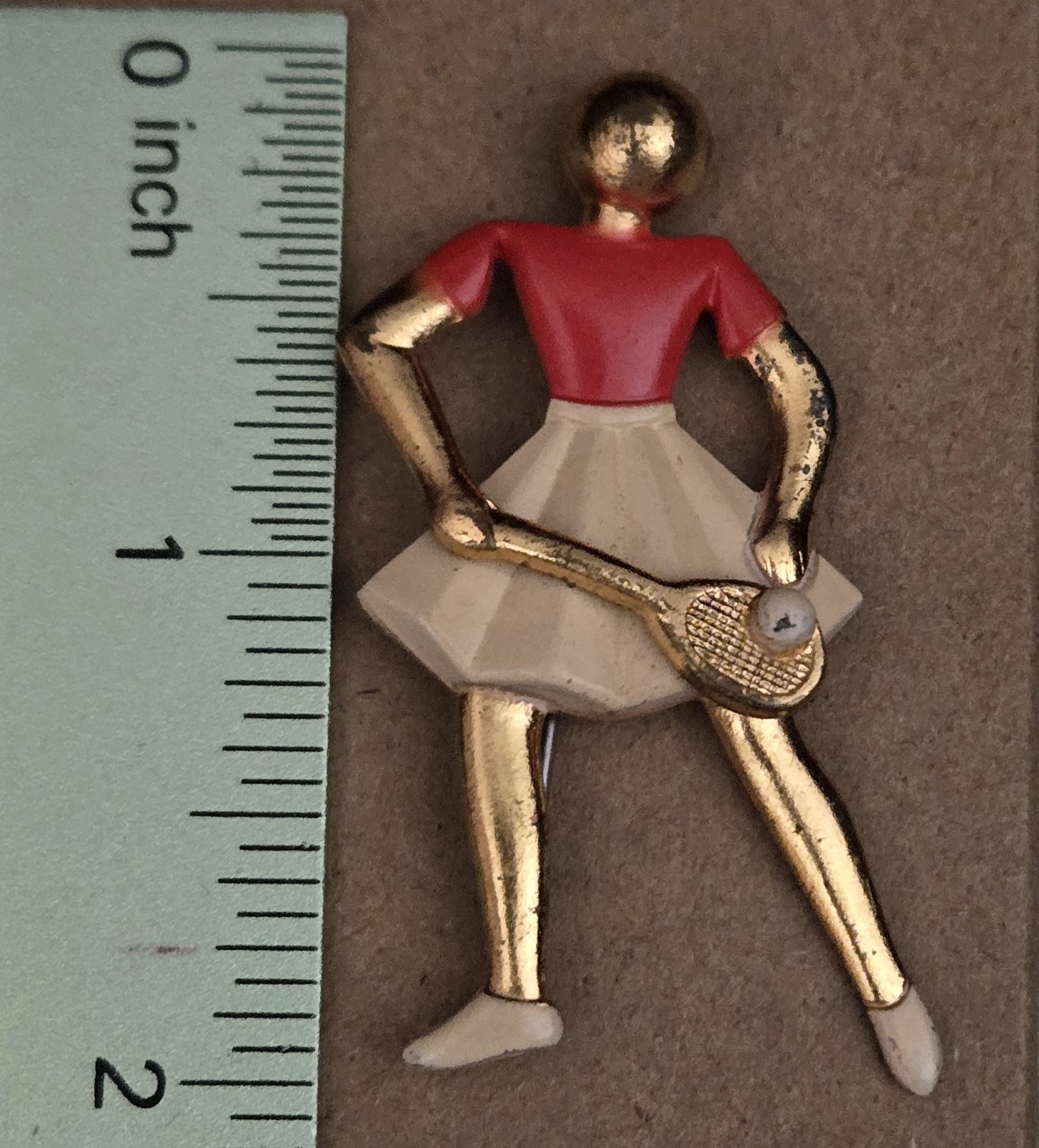 Vintage Gold Tone Enamel Tennis Player Figural Brooch Pin Red White Sports