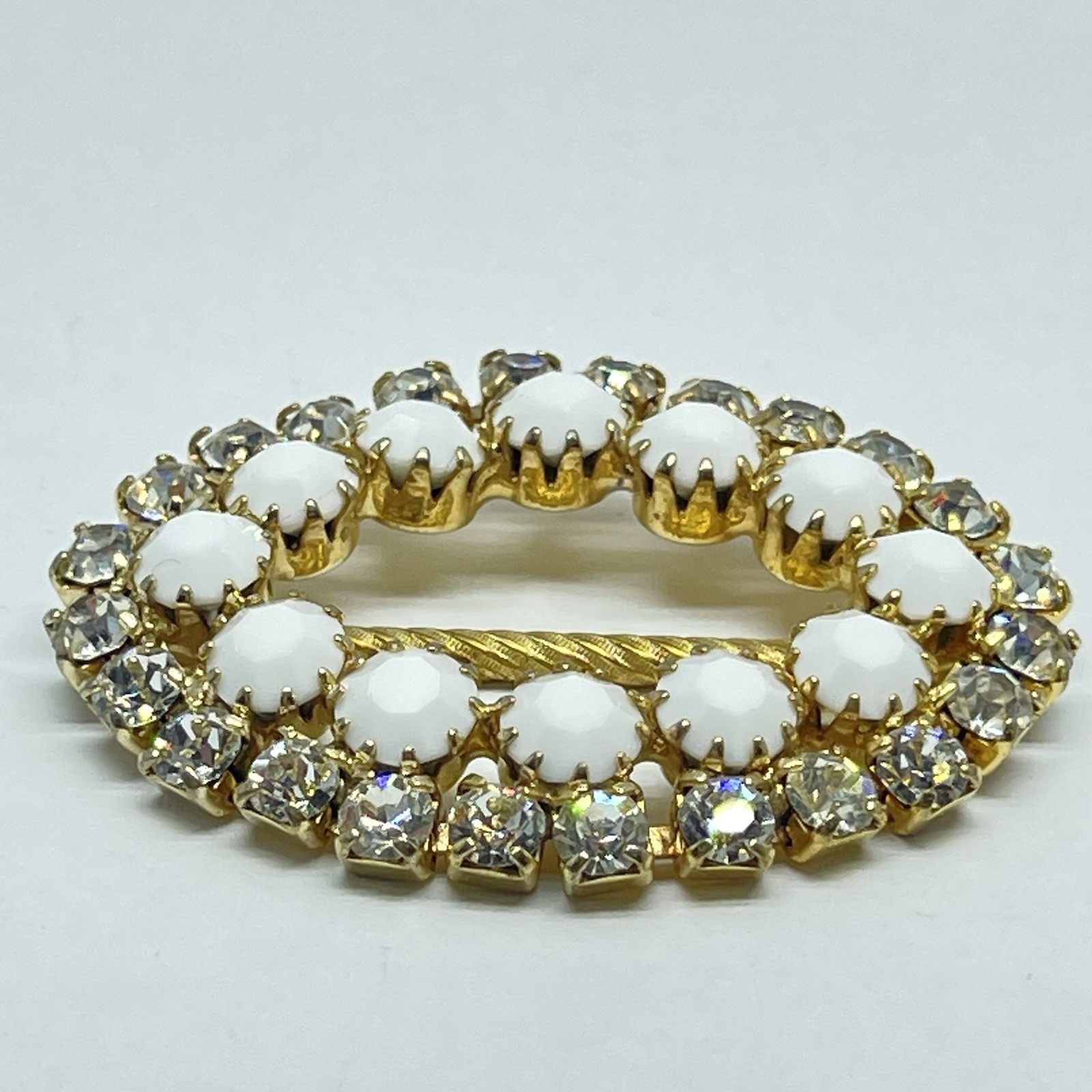 Vintage Gold Tone Oval Scarf Slide Rhinestones And Faceted Milk Stones