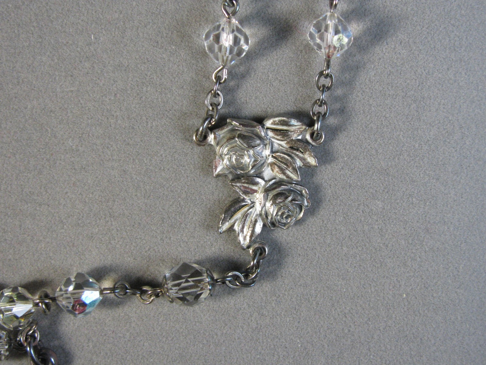 Antique Sterling Silver Crucifix 5 Decade Crystal Rosary 30″ 47.1g #J4781