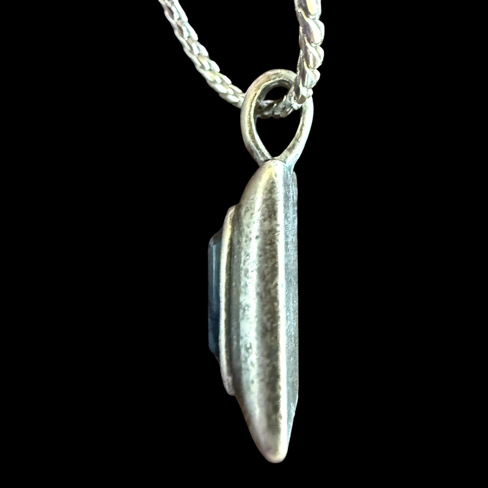Vintage Silver Necklace Royal Blue Baguette Crystal Pendant, Silver toned Chain