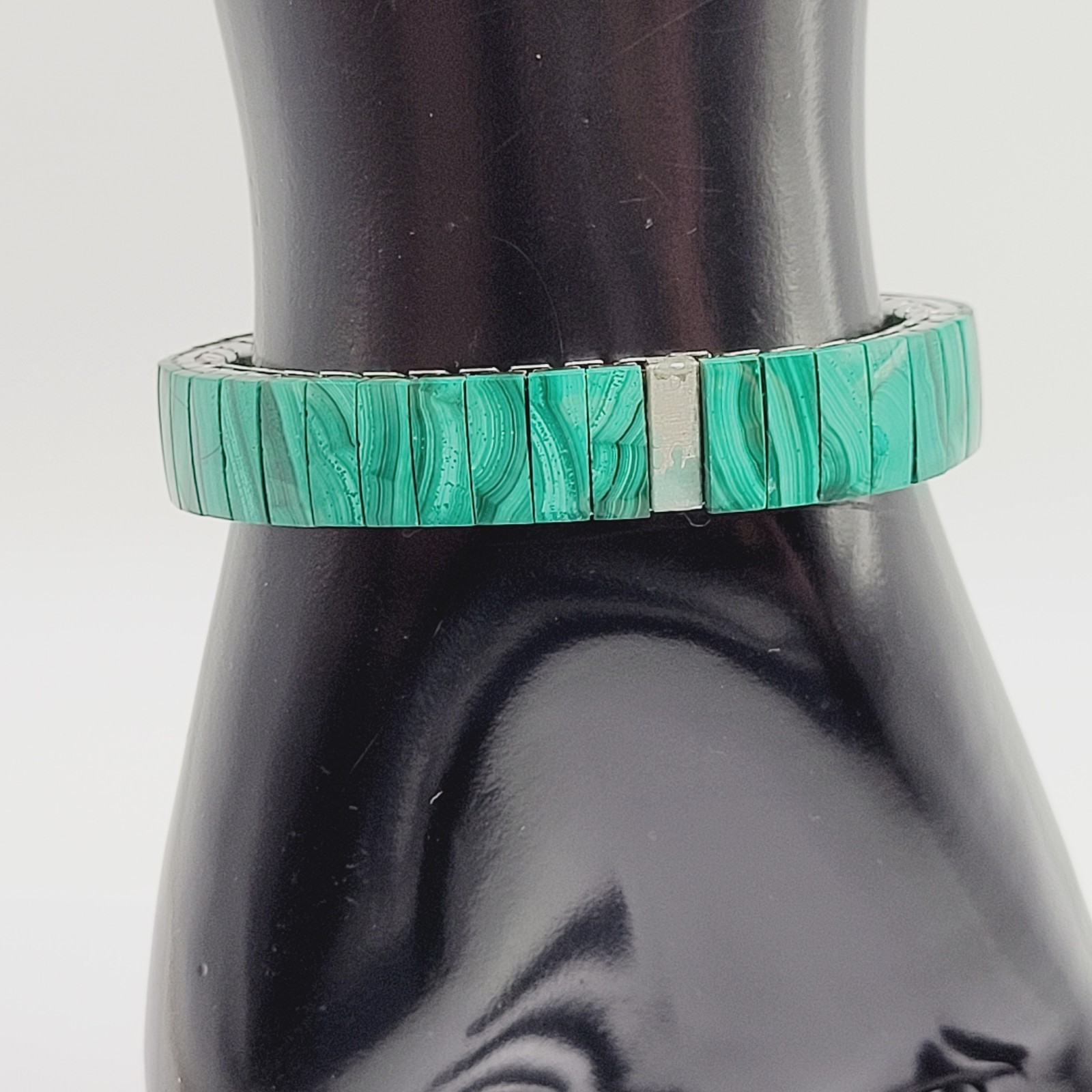 Malachite Stone Green Veneer Panel Stainless Steel Expanding Vintage Bracelet