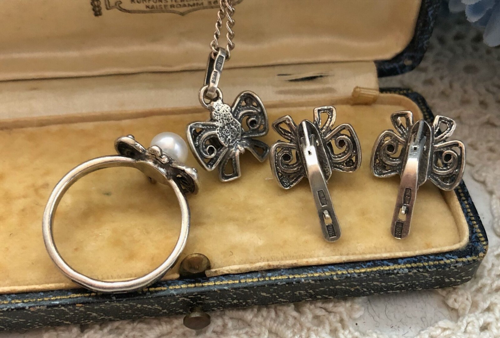 Estate Vintage Soviet Set Earrings Ring & Pendant Sterling Silver 925 Pearl USSR