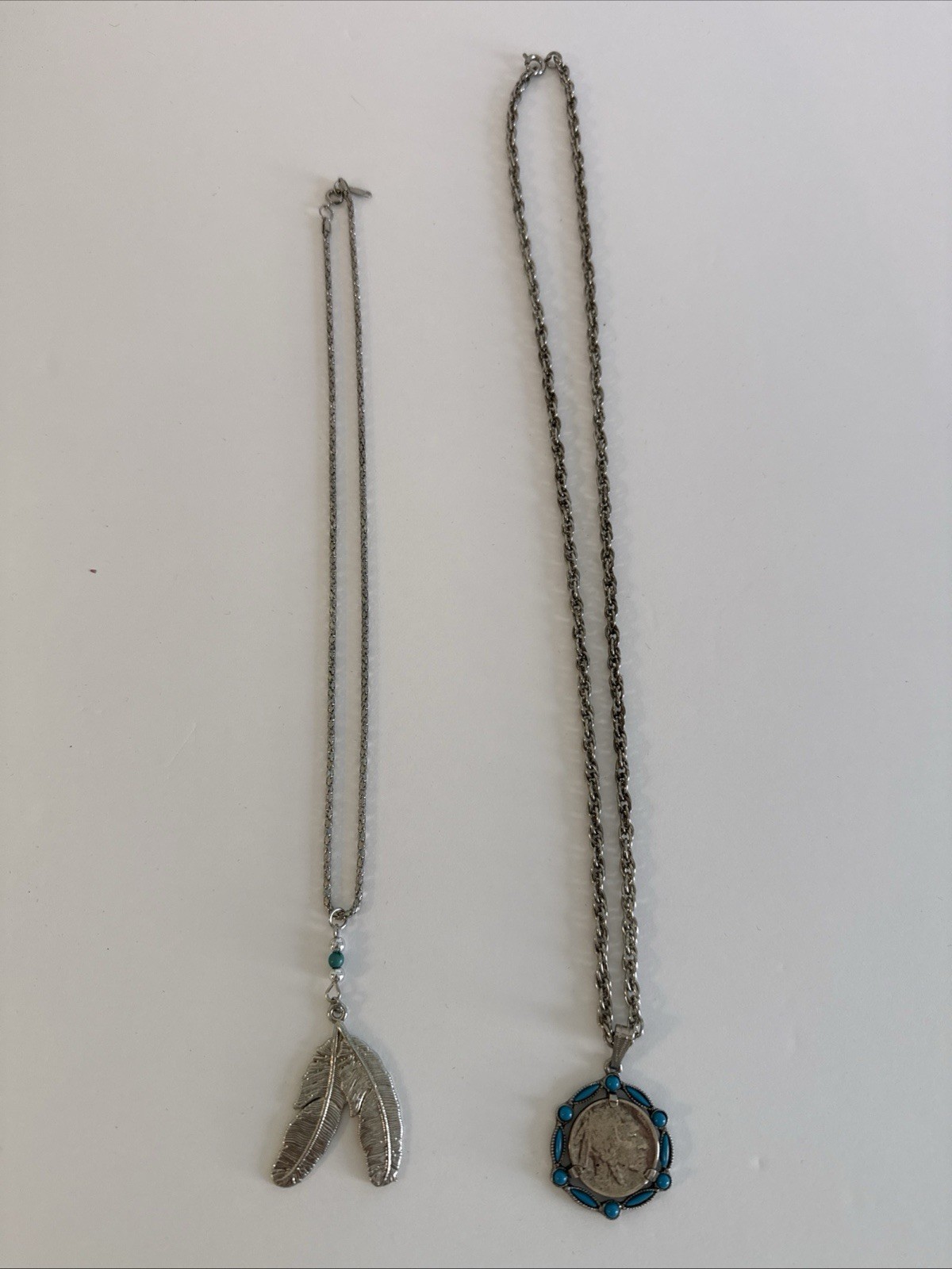 Vtg Indian Head Buffalo Nickel Coin Necklace Turquoise Accents 24″ + Feather 18″