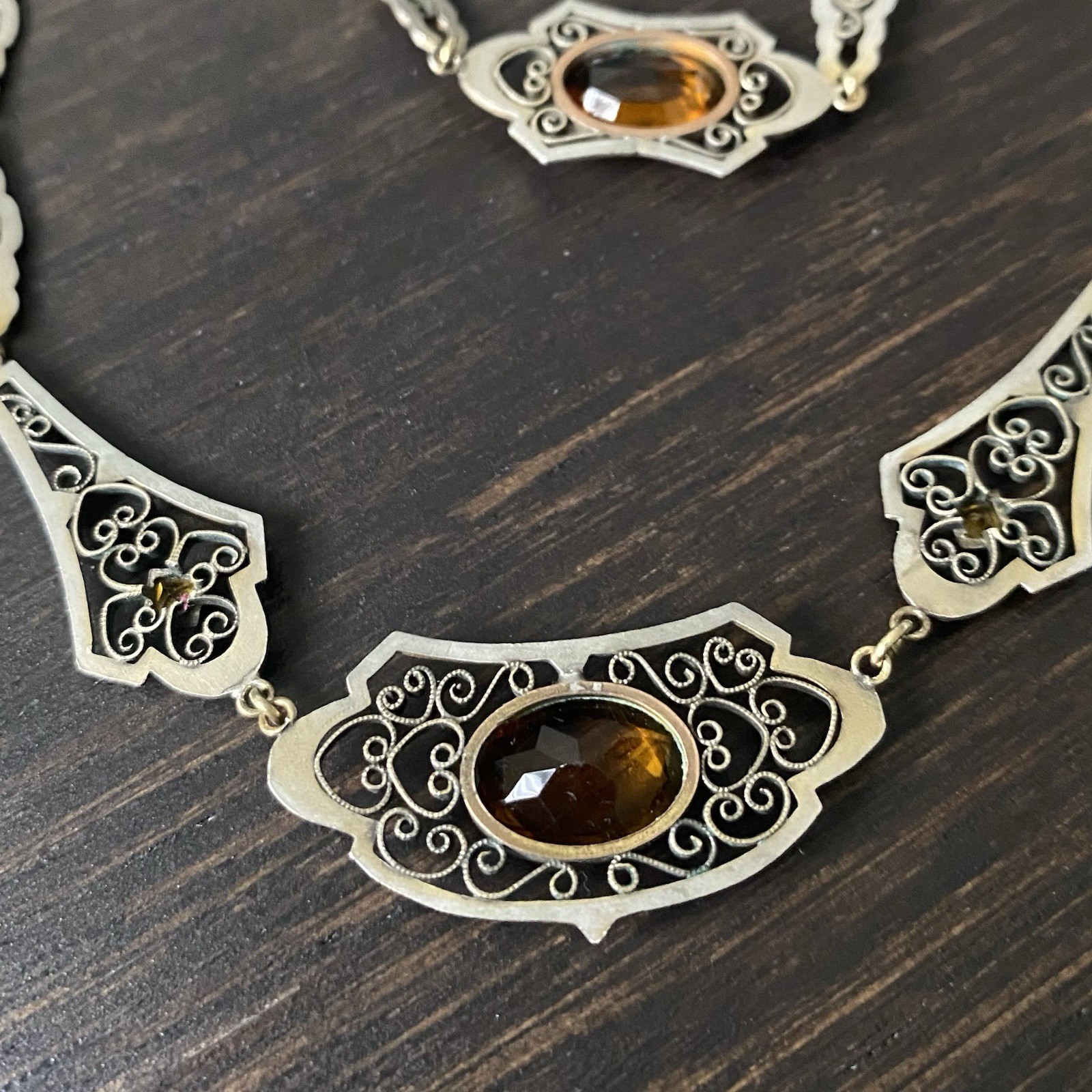 Vintage ART DECO CZECH Glass Filigree Necklace & Bracelet Set (AS-IS)